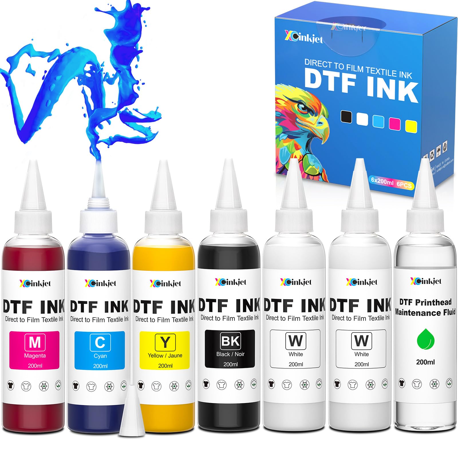 XcinkjetDTF Ink Refill Compatible with Epson ET-8550 ET-8500 XP-15000 L1800 L805 R1390 R2400 D570 Printers, Includes DTF Ink (200ML x 6) and Printhead Cleaning Solution (200ML x 1)