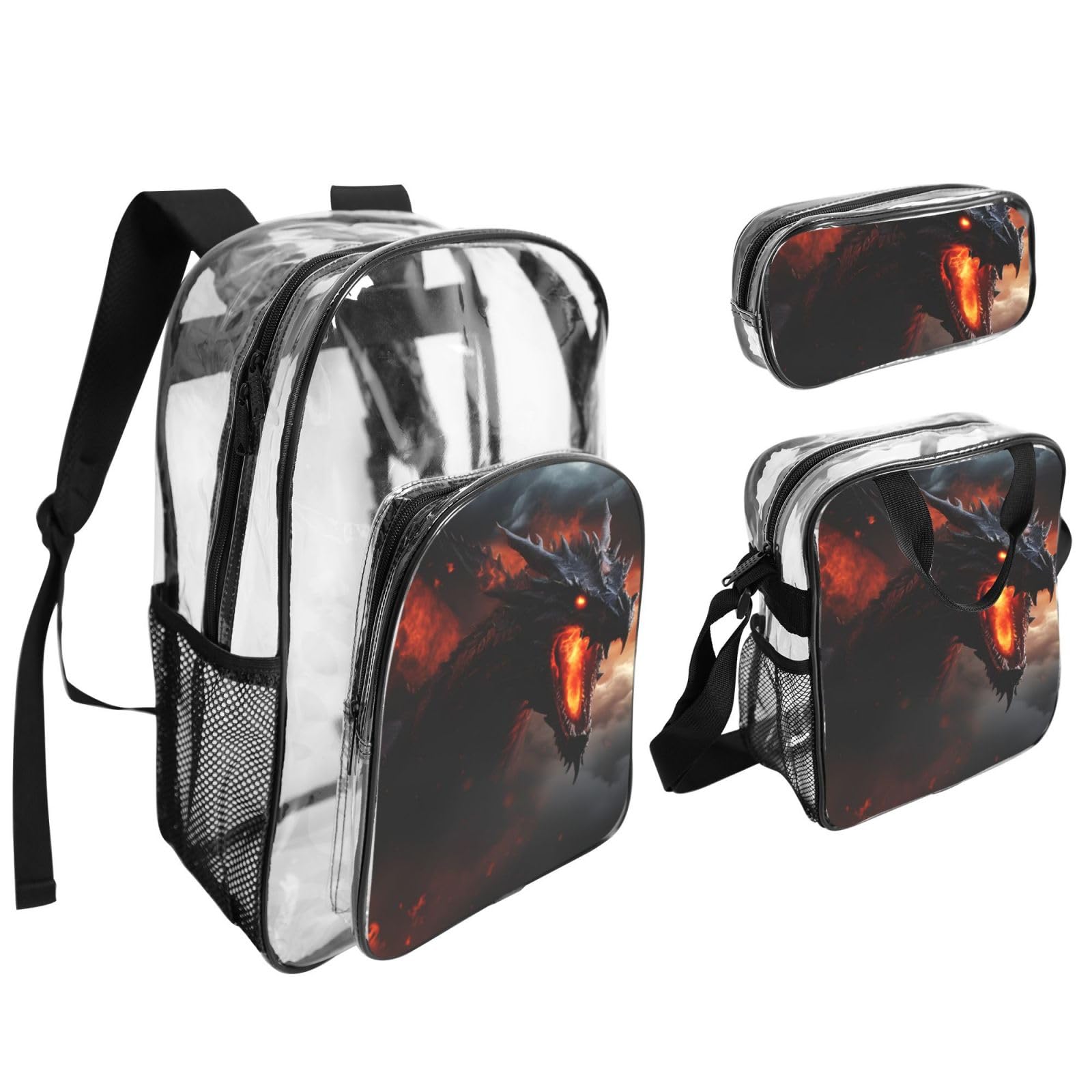 Ensemble de 3 sacs à dos transparents unisexes avec imprimé dragon magique pour l'école, les voyages, l'extérieur, sac à déjeuner transparent