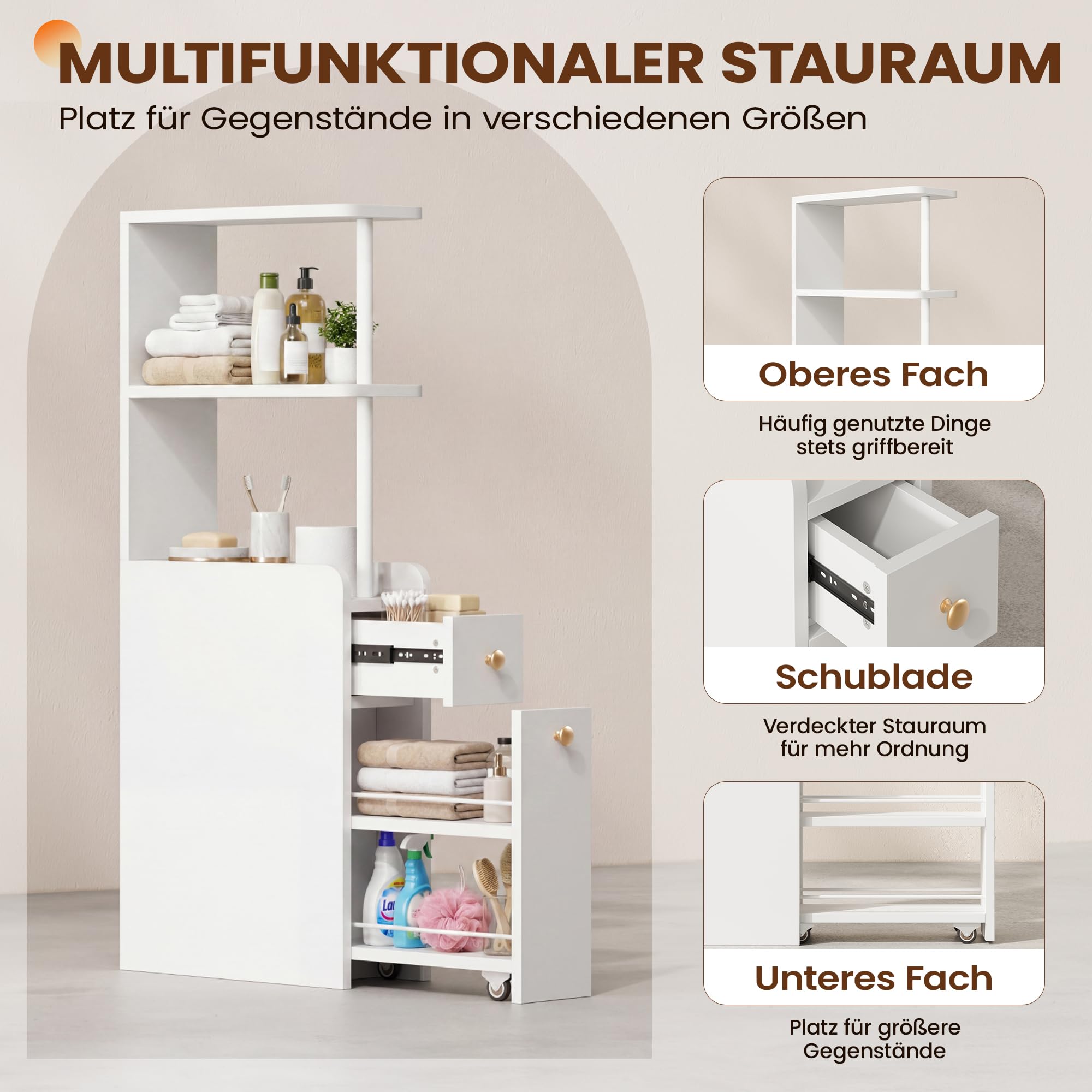 APICIZON Badschrank Schmal, Nischenschrank Badezimmer mit Schublade auf Rollen, 19x45x113 cm Badezimmerschrank mit Offenen Ablagen, Toilettenschrank für WC, Seitenschrank Mehrzweckschrank, Weiß