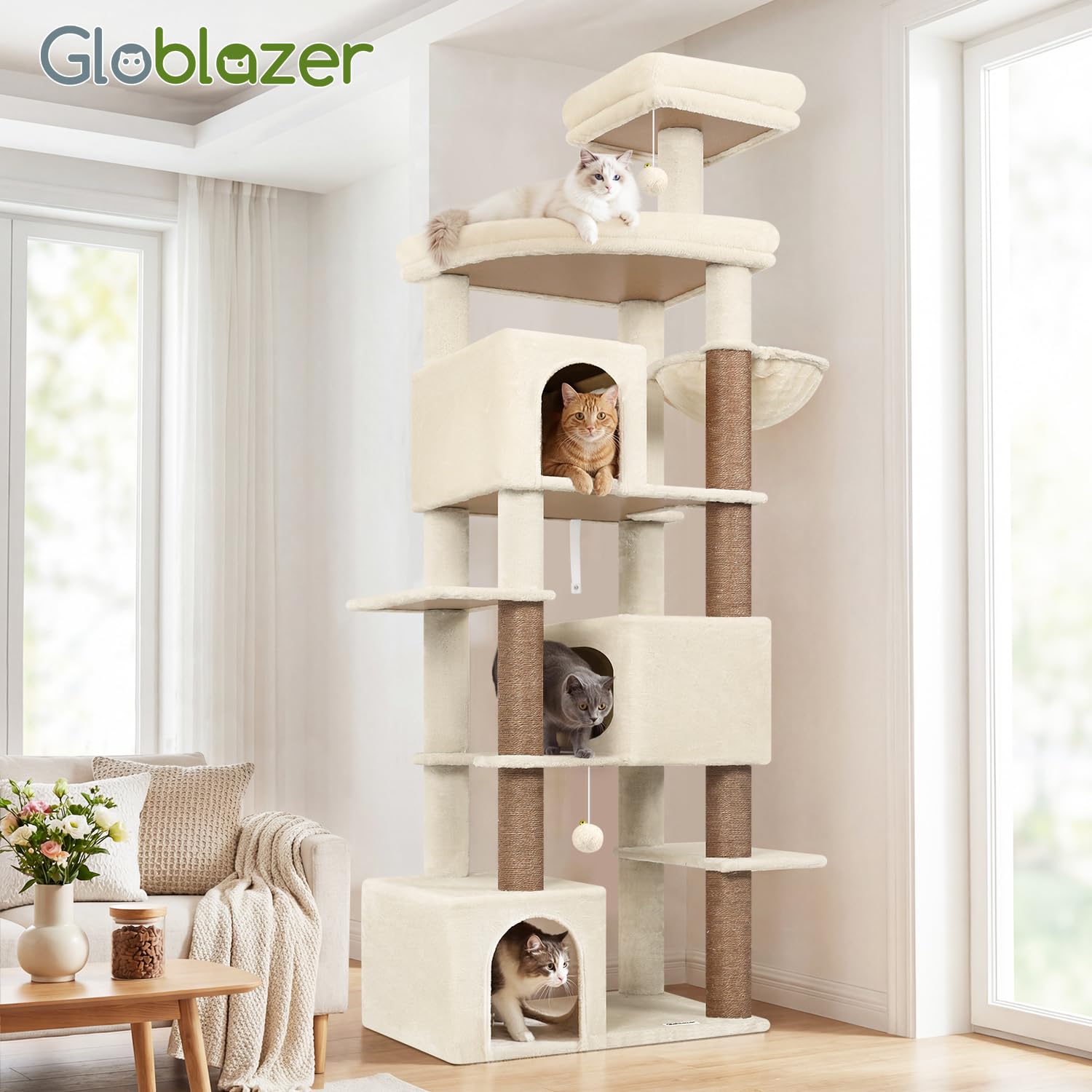 Globlazer Árbol Rascador para Gatos Beige XXL 203 cm Alto con 3 Grande Nidos 45*30*30CM, Extragrande Plataforma, Cesta, Juguetes, Estable Rascador para 4-6 Gatos Adultos Jugar Interior (S80, Beige)