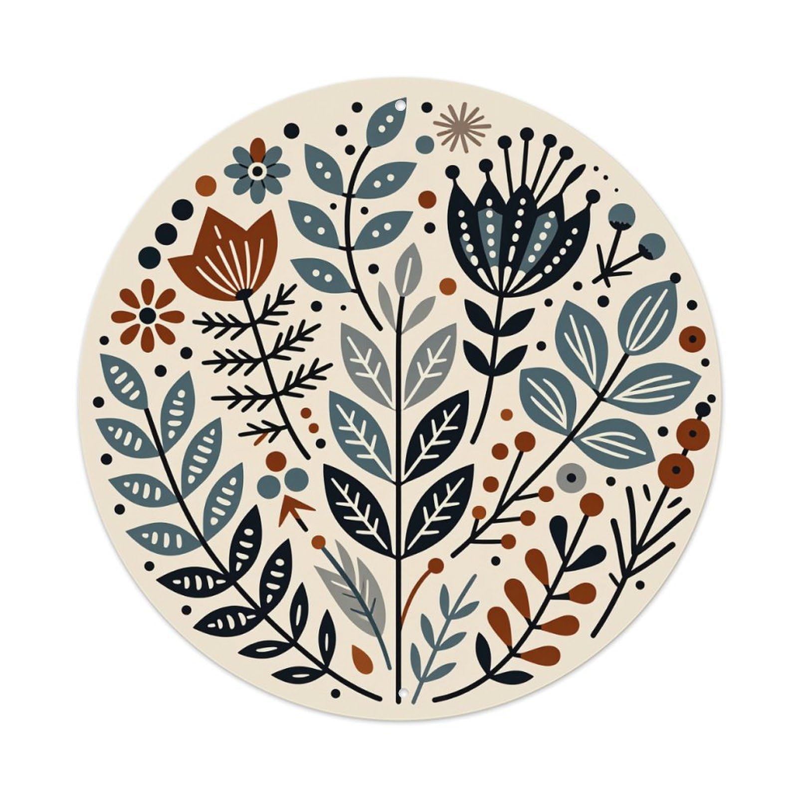 Floral Pattern With Leaves And Dots Round Tin Sign Vintage Metal Poster Retro Bar, Home, Man Cave, Kitchen, Laundry Room Wall Art Decor Gift 8x8Inch
