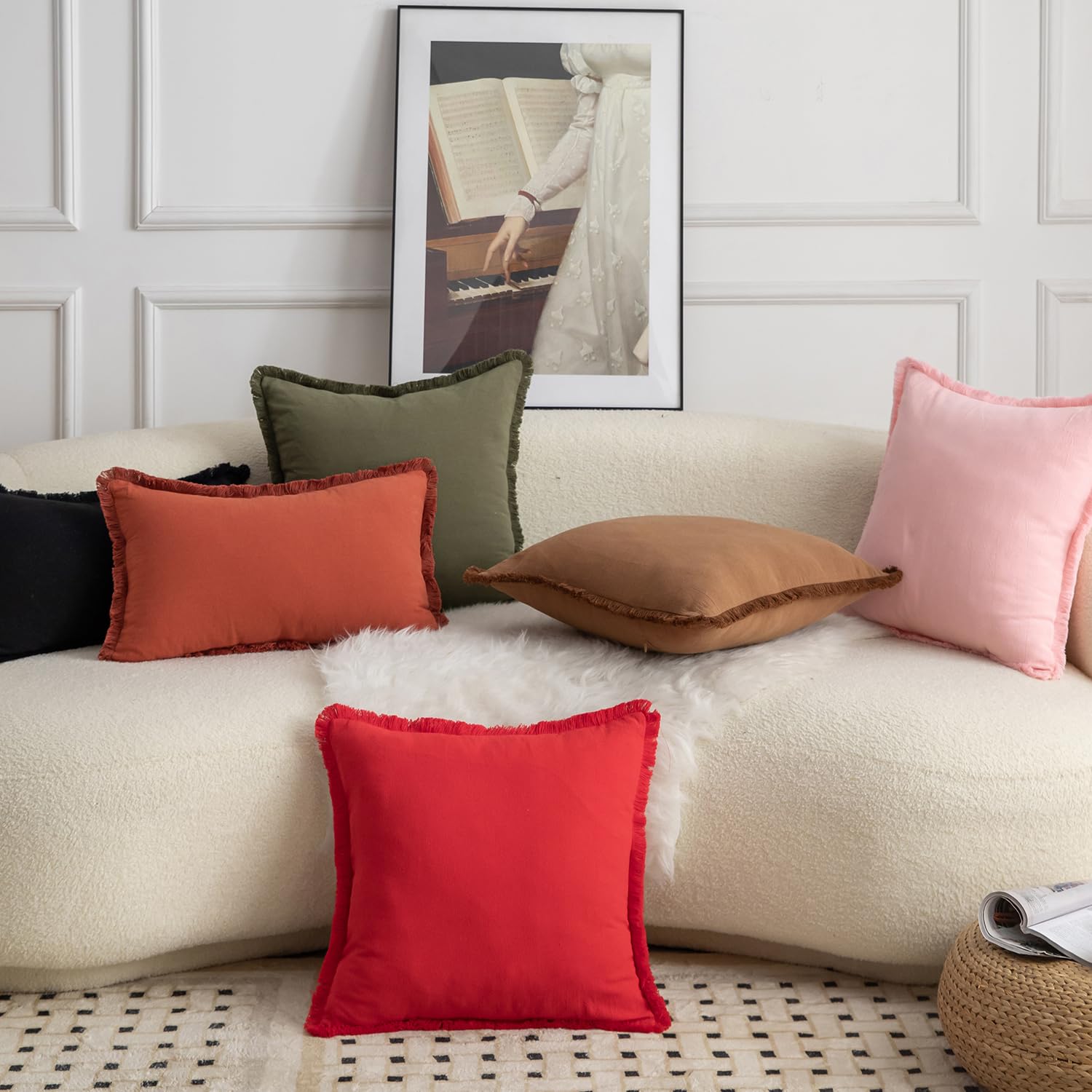 Mandioo Set van 2 neutrale katoenen kussenhoezen met franjes 45x45 cm 18x18 inch Decoratieve Boho Boerderij Throw Kussensloop Gezellige Kwastjes voor Bank Sofa Slaapkamer Woonkamer Huisdecoratie Crème