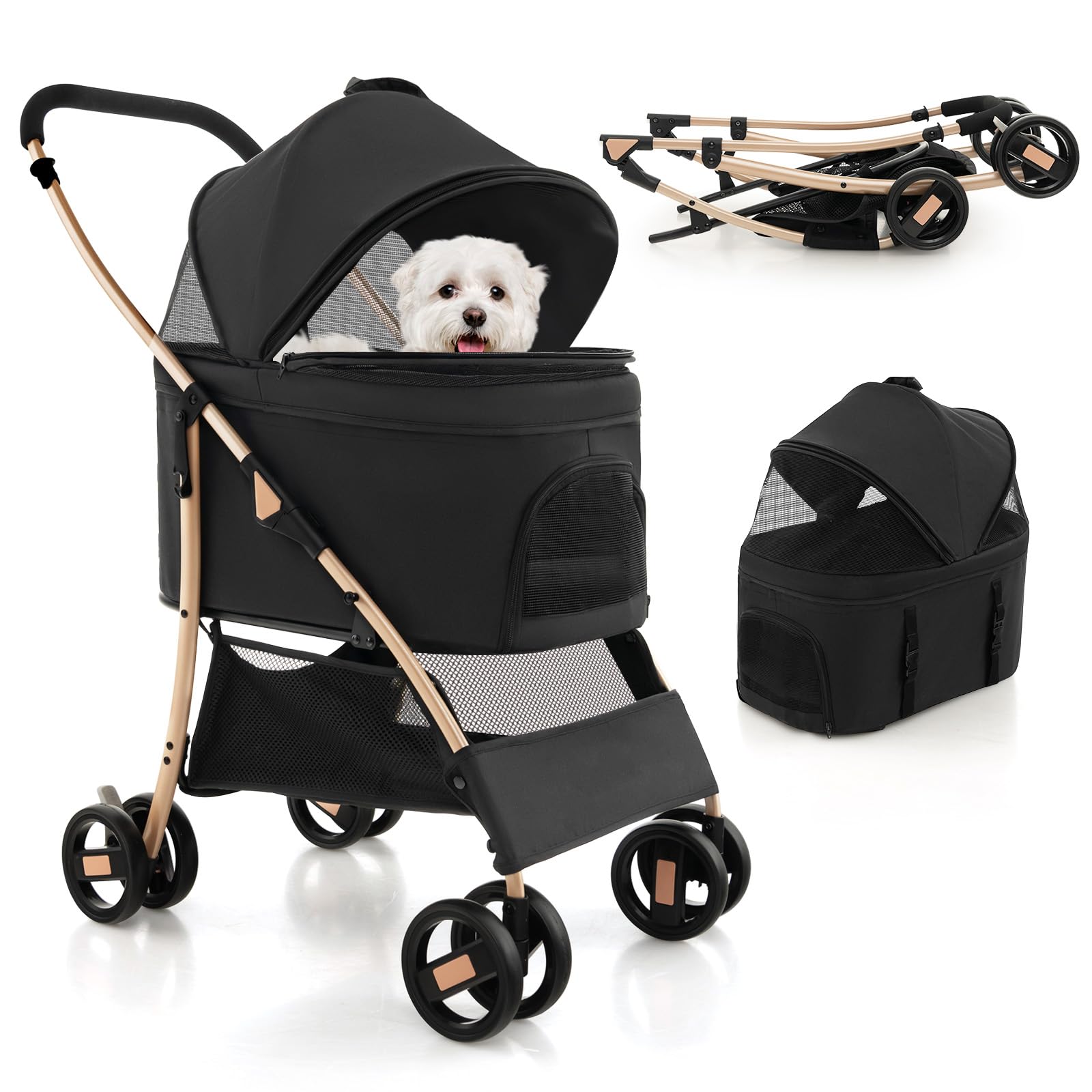 COSTWAY 3 en 1 Cochecito para Mascotas Plegable, Cochecito de Mascotas con Toldo Ajustable de 4 Niveles y Cesta de Almacenamiento, Carrito para Gatos con Porta Asiento de Coche Extraíble (negro)