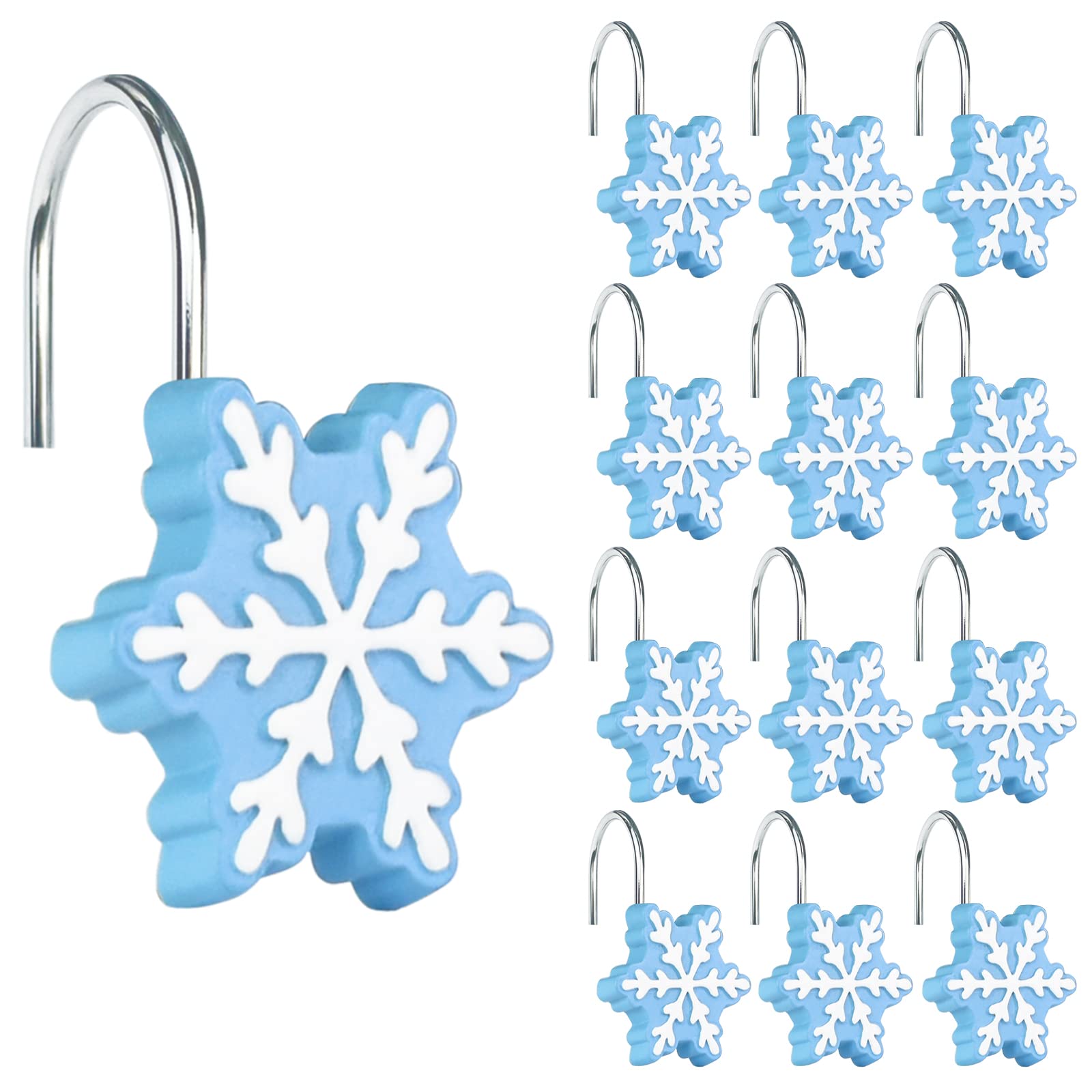 Crochets de rideau de douche en résine résistante au design de flocons de neige bleus et blancs