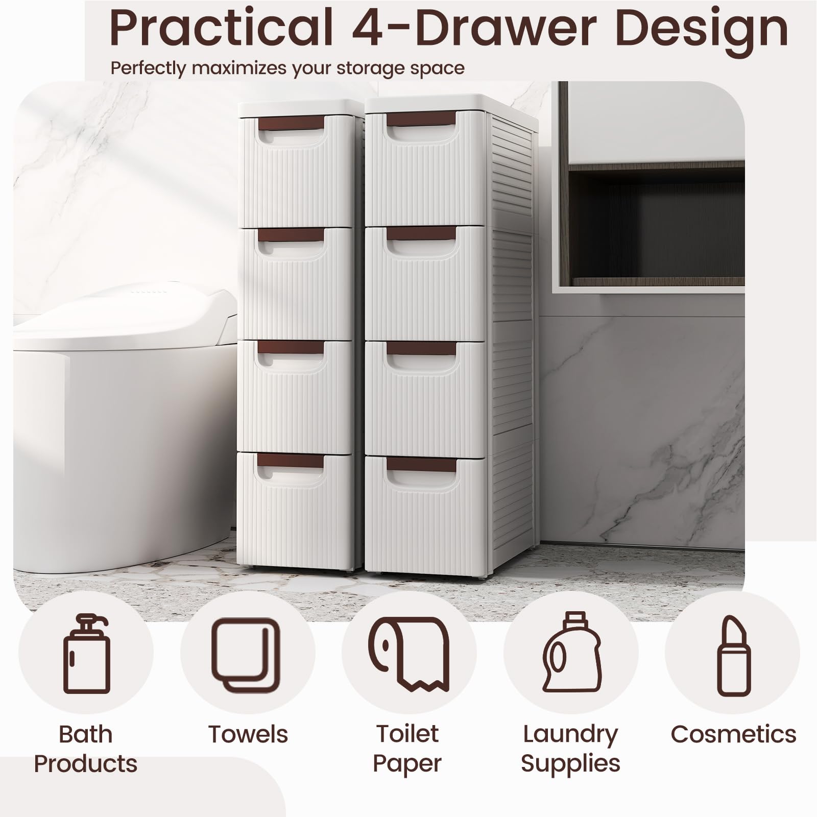 GIANTEX Mobiletto Stretto con Ruote, Carrello e Organizzatore Slim con 3/4/5/6 Cassetti per Spazi Piccoli, Cassettiera di Plastica per Soggiorno, Bagno, Cucina, Bianco (42 x 19 x 74 cm)