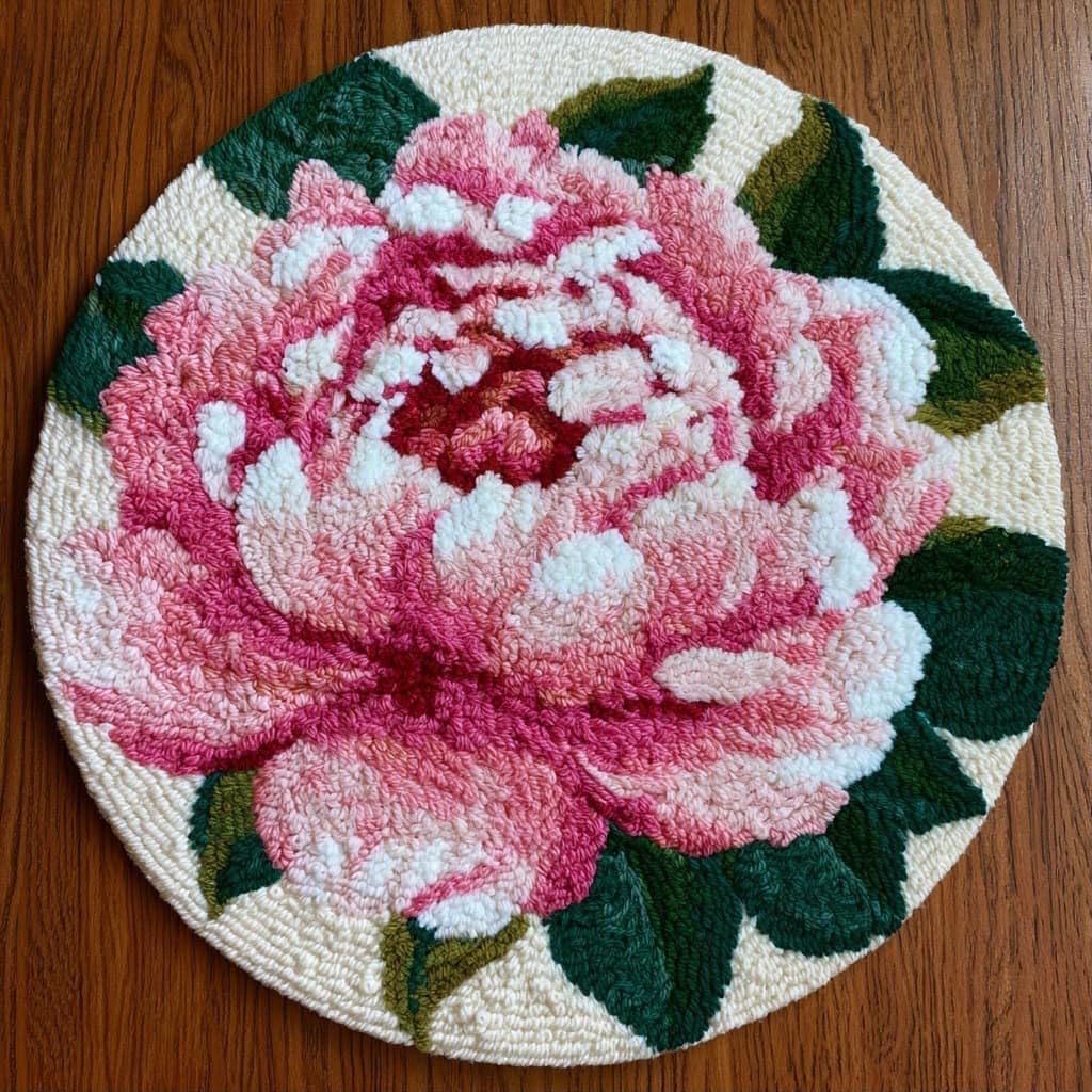 AMBATTERY Round Shape Latch Hook Kits Rug,Peony Flowers