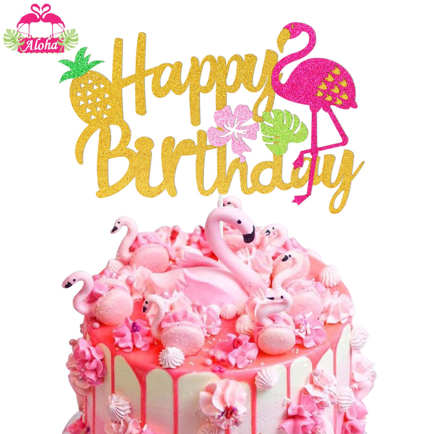 Flamingo Pineapple Cake Topper Happy Birthday Sign Cake Picks Tropical 