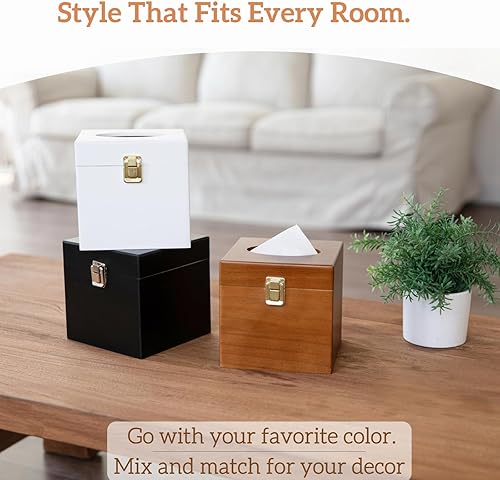 Miniatura 6 de Caja de pañuelos cuadrada negra – Soporte de caja de pañuelos de madera con interruptor de metal retro, soporte de papel higiénico, accesorios de