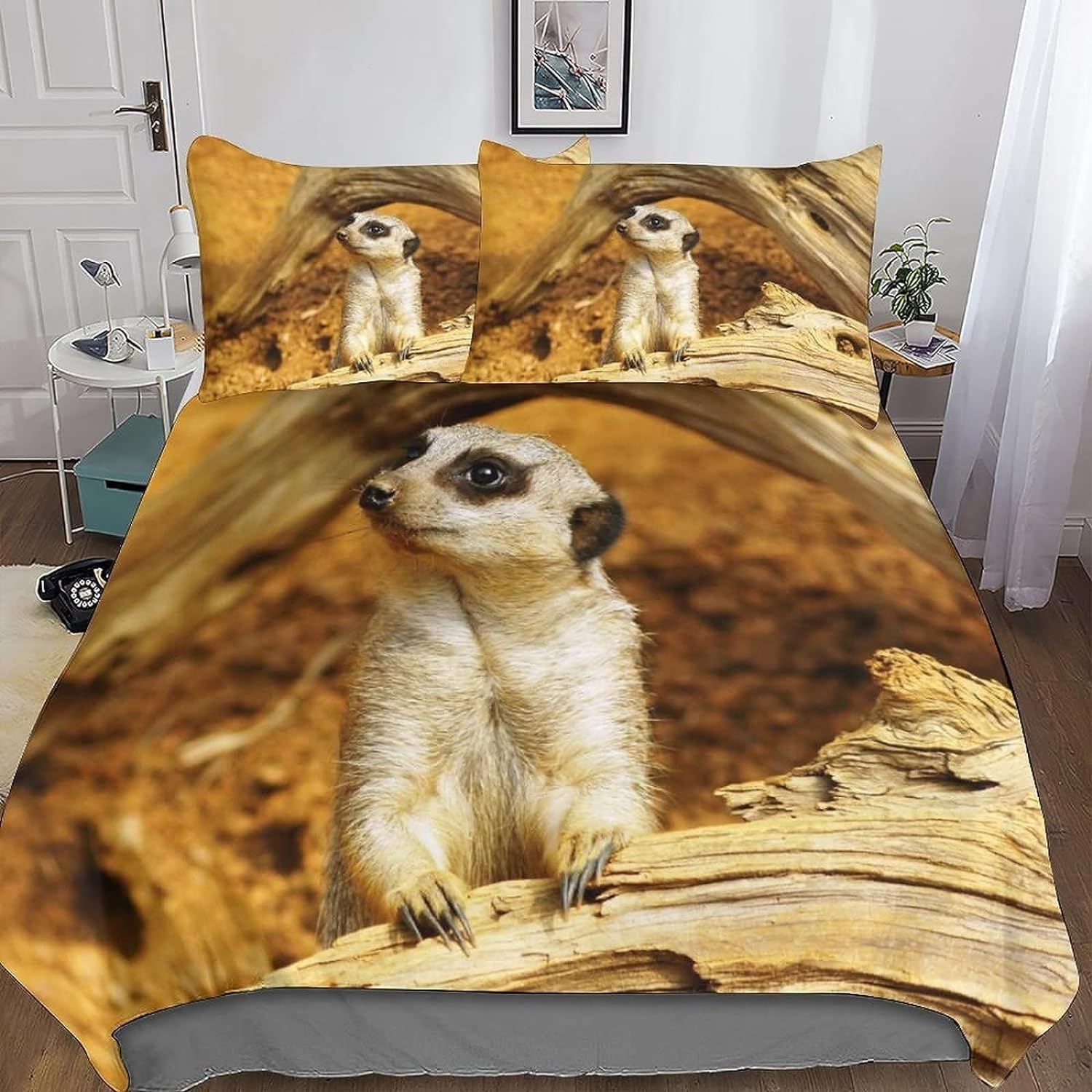 Tizhweqo Meerkat Duvet Cover King size Cute Animals Bedding Sets 3D Printed Meerkat Duvet Cover Sets Soft Microfibre Quilt Cover with 2 Pillowcases, with Zipped Closure A1186