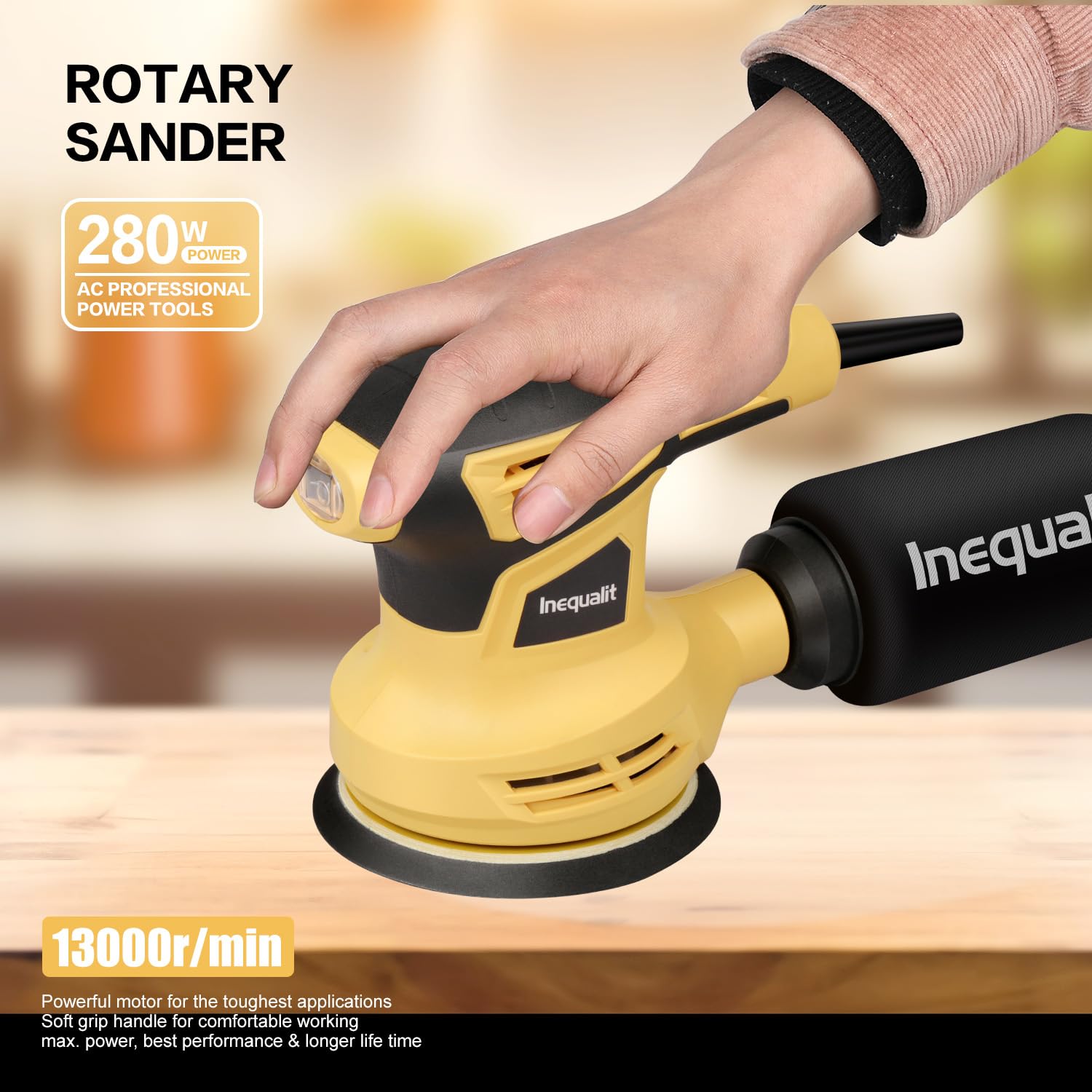 Ponceuse Orbitale Excentrique 280W, Inequalit Ponceuse Excentrique à 6 Vitesses (13000RPM),pour Surfaces en Bois et Acier,Collecteur de Poussière,Inclus Papier Abrasif 15 Pièces 125 mm,Jaune