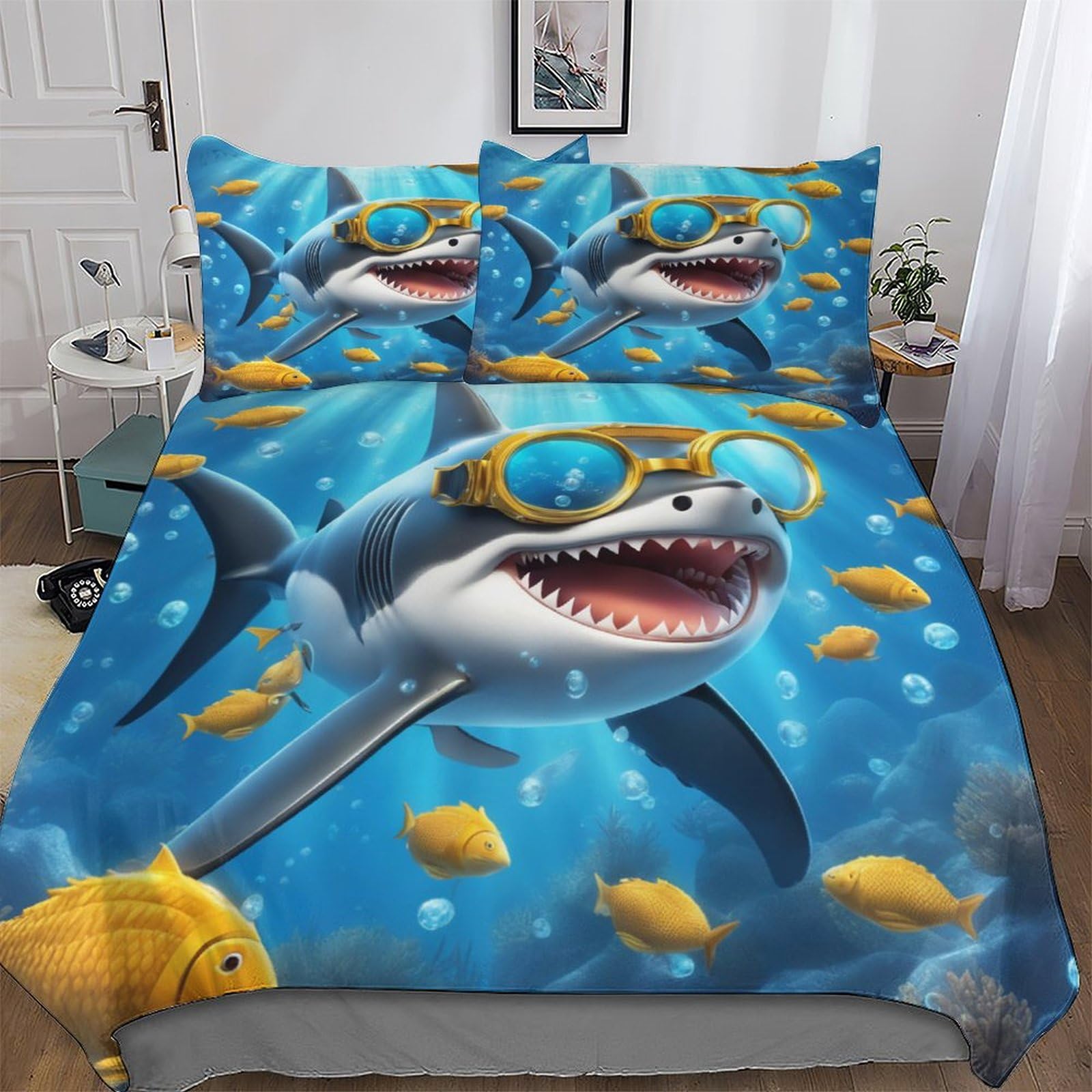 Housse de couette requin ultra douce en microfibre respirante lit 2 personnes