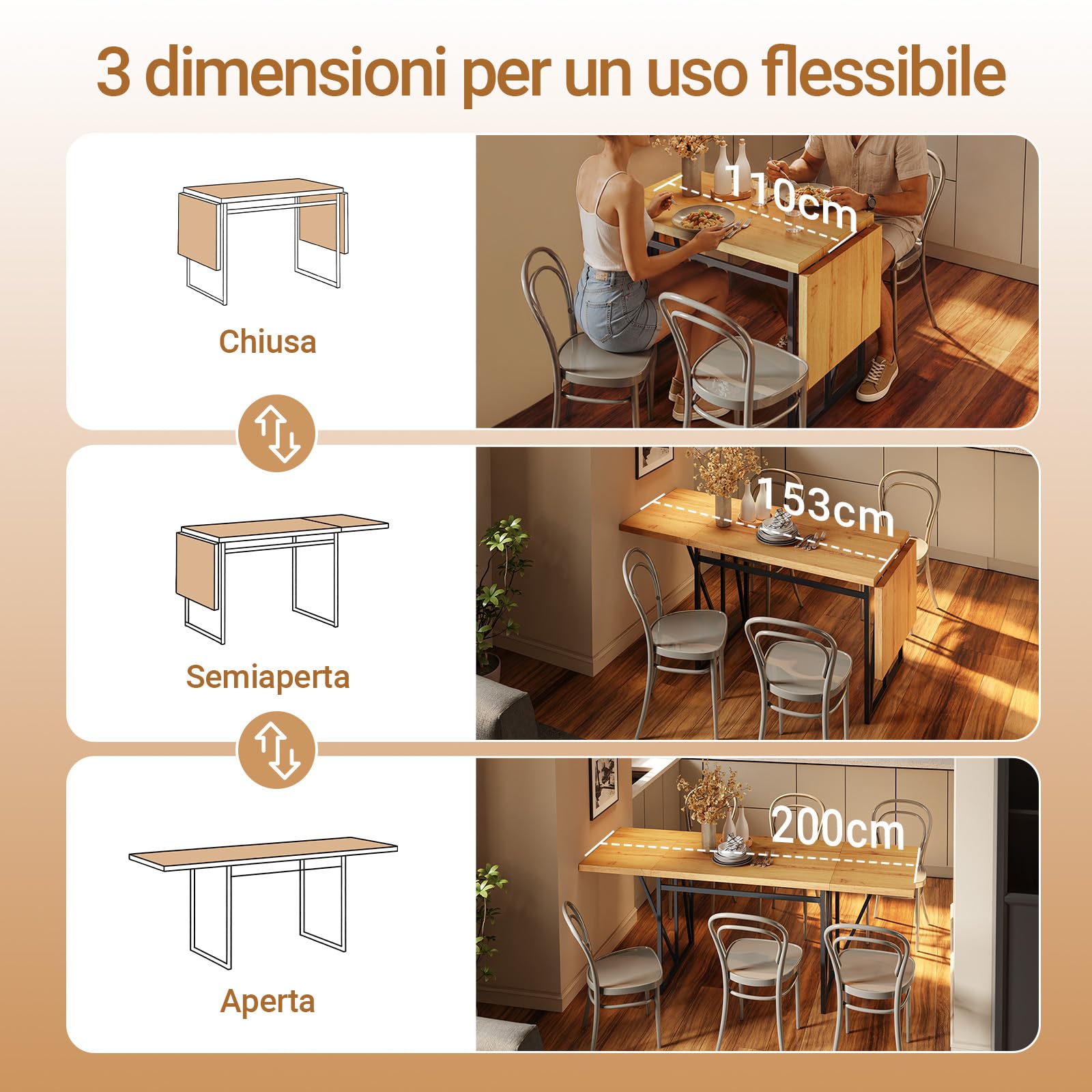 SoBuy Tavolo pieghevole e allungabile per 2-8, 65x(110-200) x76cm | Tavolo da pranzo salvaspazio, piano effetto legno stabile e telaio in metallo, per cucina, sala da pranzo e studio, FWT113-N