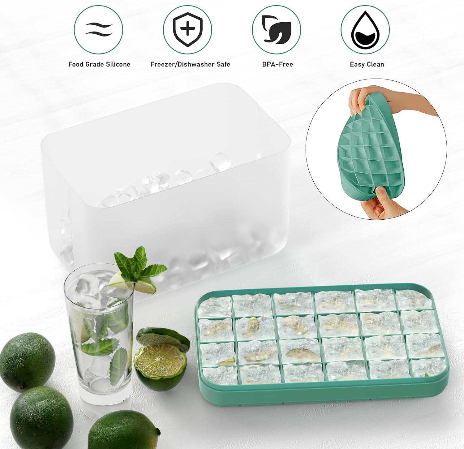 Ice Cube Tray, Silicone Ice Tray for Freezer, Ice Cube Tray with Lid and Storage Container