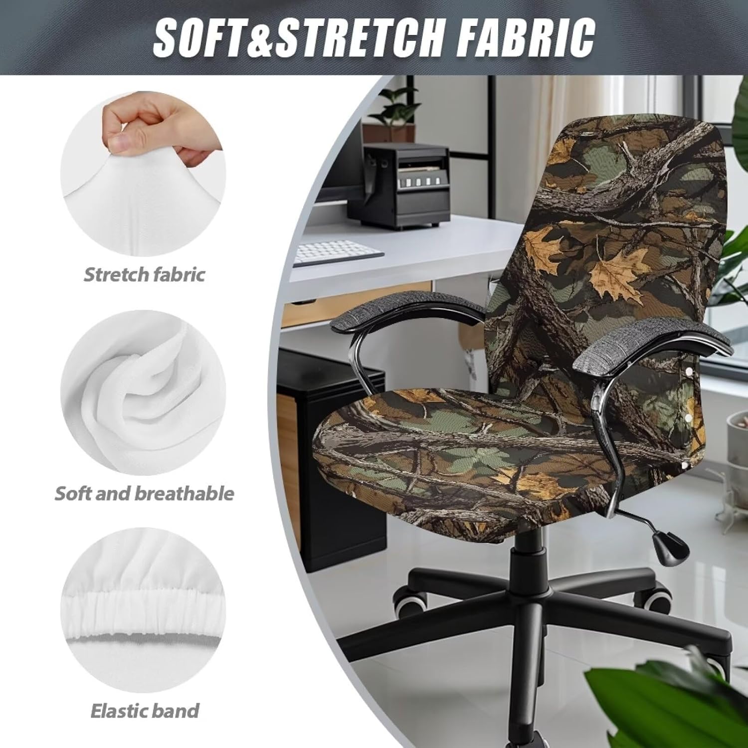 Wanyint Camo Hunting Forest Branch Green Office Chair Cover Anti-dust Computer Chair Slipcover Comfort High Back Computer Chair Cover for Boss Rotating Chairs Machine Washable, L