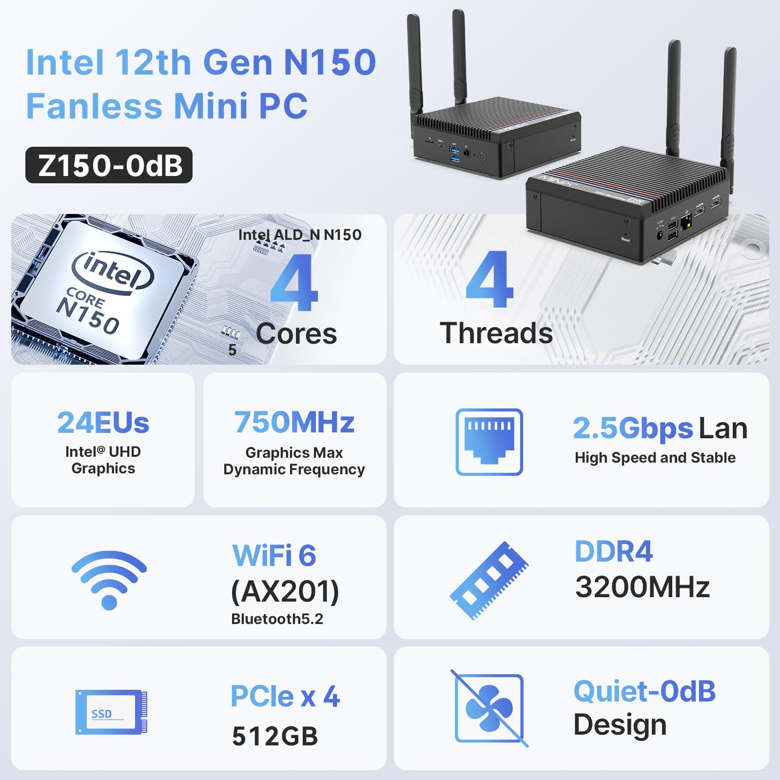 MINIX Z150-0dB Fanless Mini PC, Intel N150, 16GB DDR4, 512GB M.2 PCIe Gen3 x 4 NVMe SSD Mini Desktop Computer, 4K Dual Display/2.5G LAN/USB3.2/USB-C/Vesa Mount/Auto Power On for Offfice Business