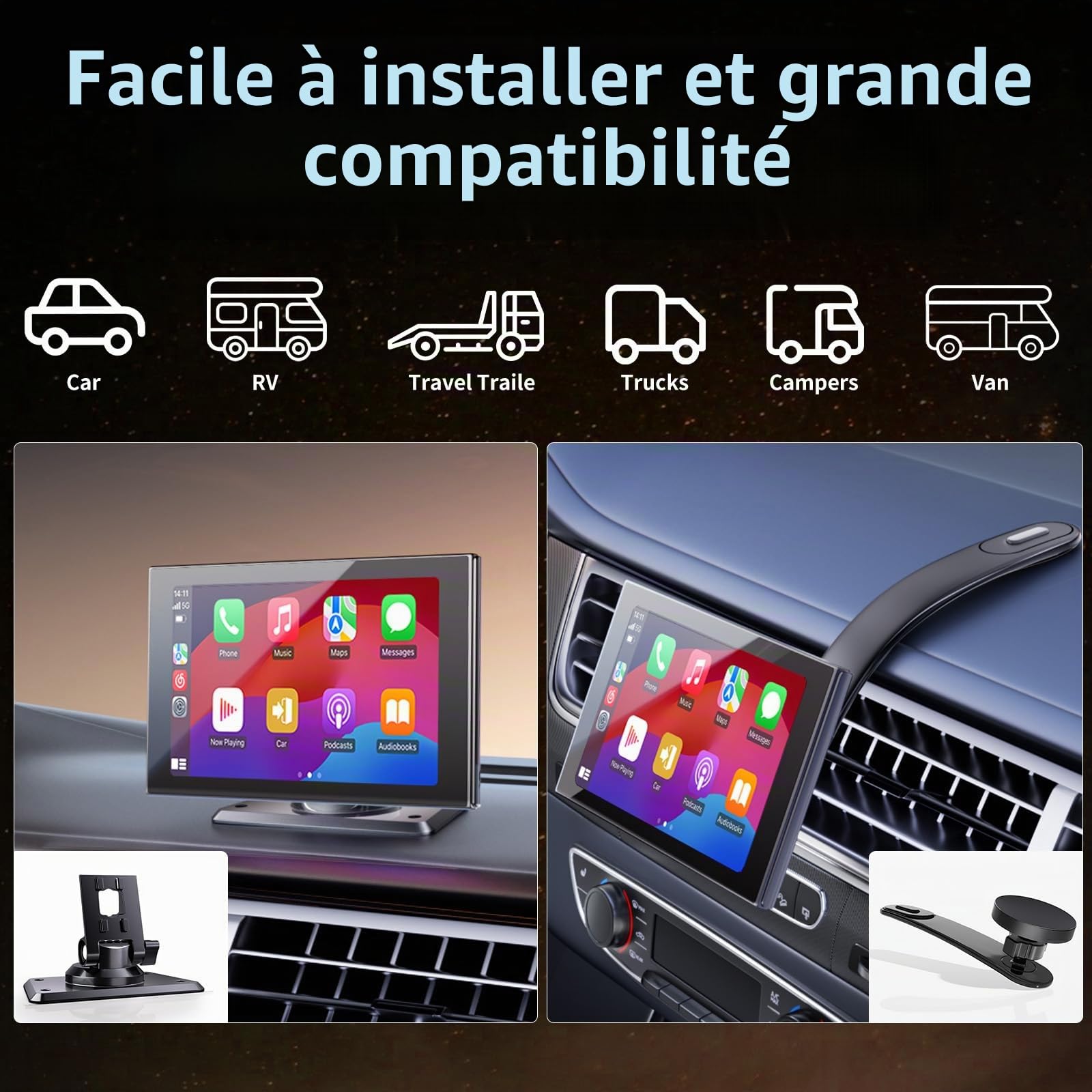 Écran Portable 7 Pouces pour Apple CarPlay et Android Auto | Écran Orientable avec Caméra de Recul, Mirrorlink, Mises à Jour OTA, Commande Vocale Bluetooth