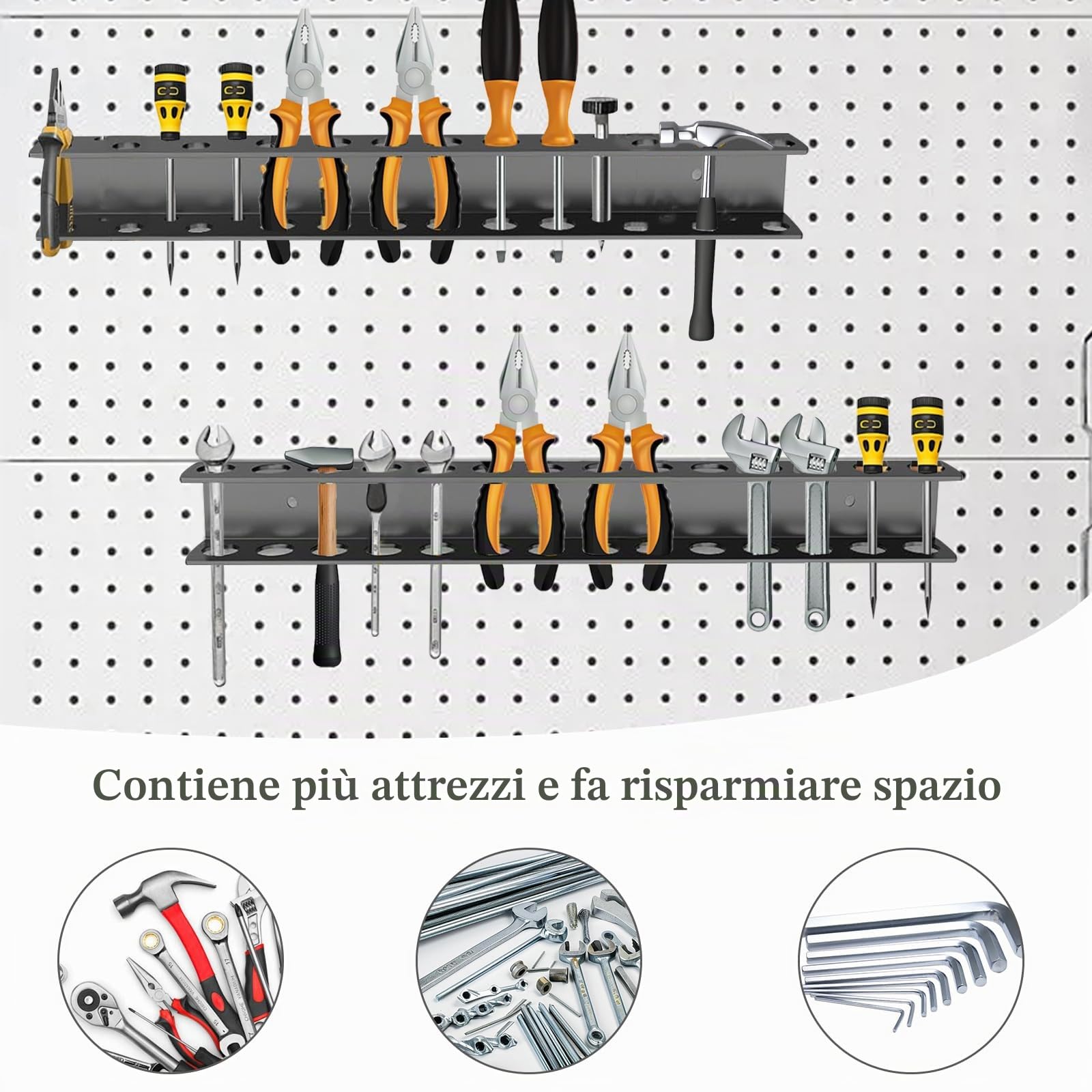 2 Pezzi Porta Utensili da Parete 40cm, Porta Cacciaviti e Porta Pinze con 14/18 Fori, Organizer da Parete con Viti e Tasselli, Supporto Utensili per Garage, Officina e Banco di Lavoro