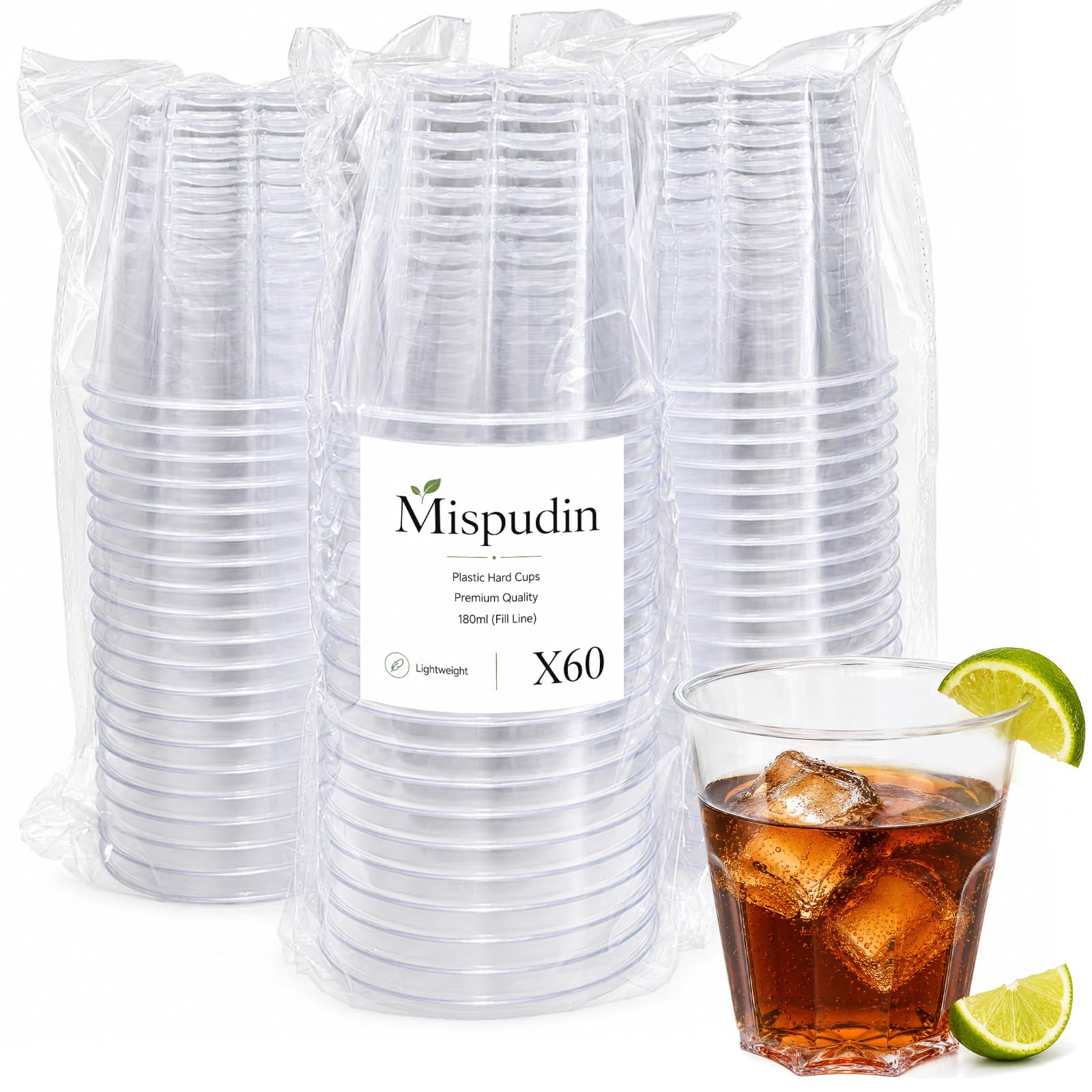 Mispudin 60Pcs 180ml Clear Plastic Cups Reusable Cocktail Tumblers Party