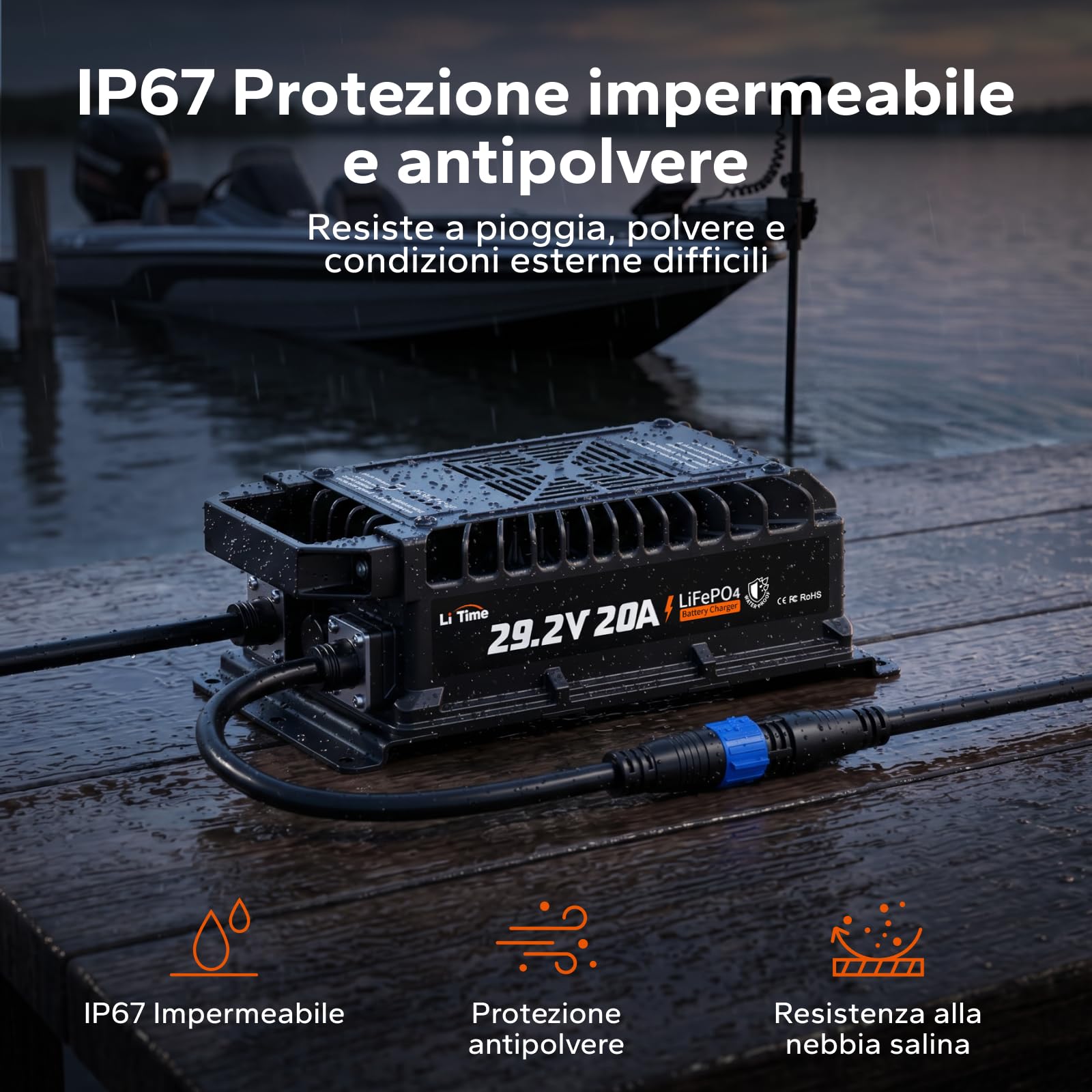 LiTime Caricabatterie LiFePO4 24V 20A, Caricatore Batteria Litio 24 Volt IP67 Impermeabile con Attivazione Batteria, Caricatore Intelligente AC-DC a 3 Stadi per Camper, Barca e Sistema Solare