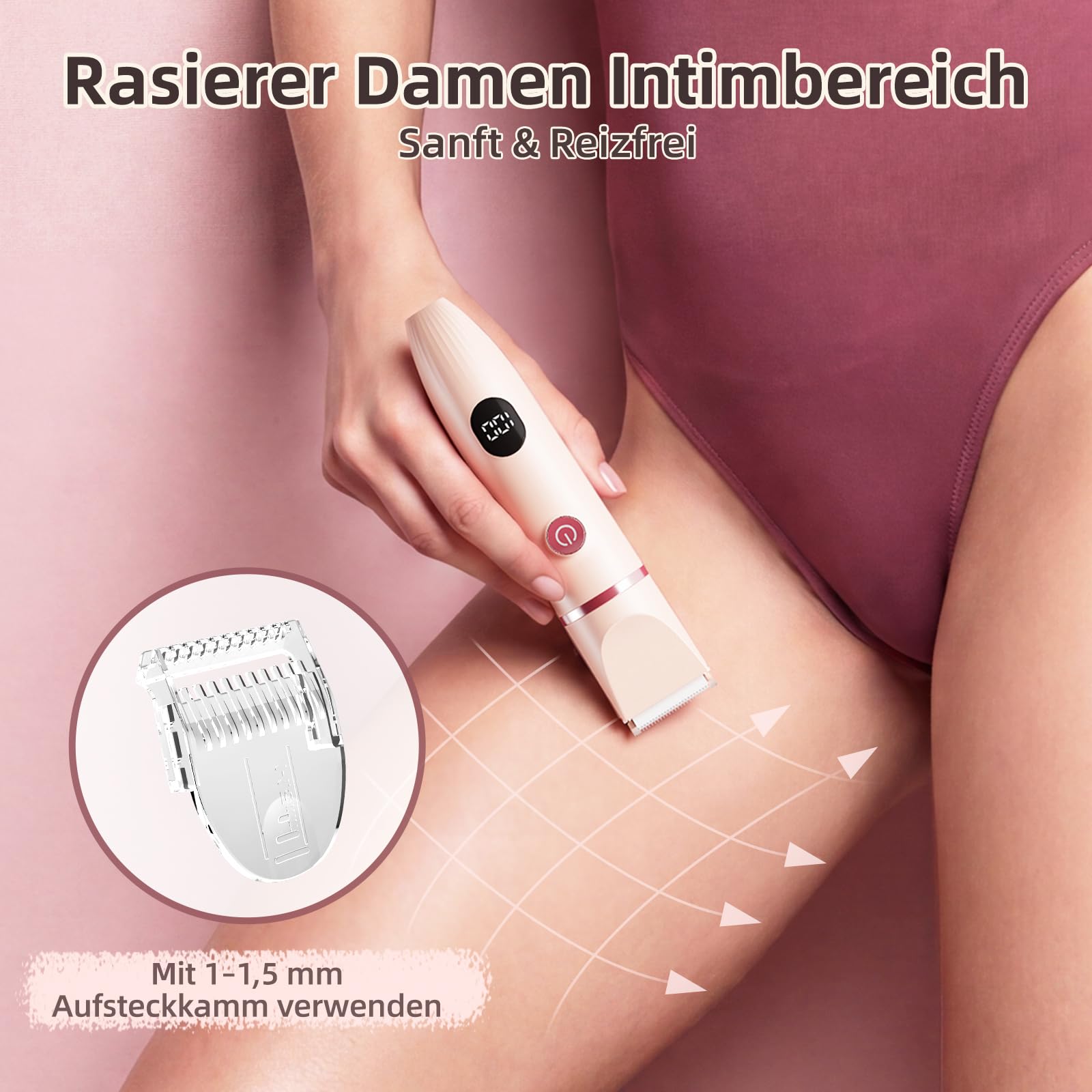 3-in-1 Intimrasierer für Frauen, Elektrischer Rasierer Damen | IPX7 wasserdicht, Sanfte Keramikklingen, LED-Anzeige, 600-mAh-Akku, kabellose Bauweise, 4 Kammaufsätze, Type-C-Ladung