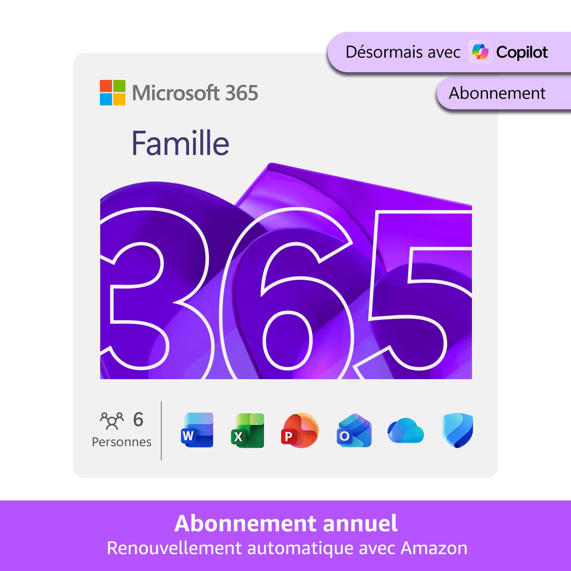 Microsoft 365 Famille | 12 mois | 6 utilisateurs | Applications Office avec IA | Jusqu'à 6To de Stockage Onedrive | Abonnement Amazon avec renouvellement automatique