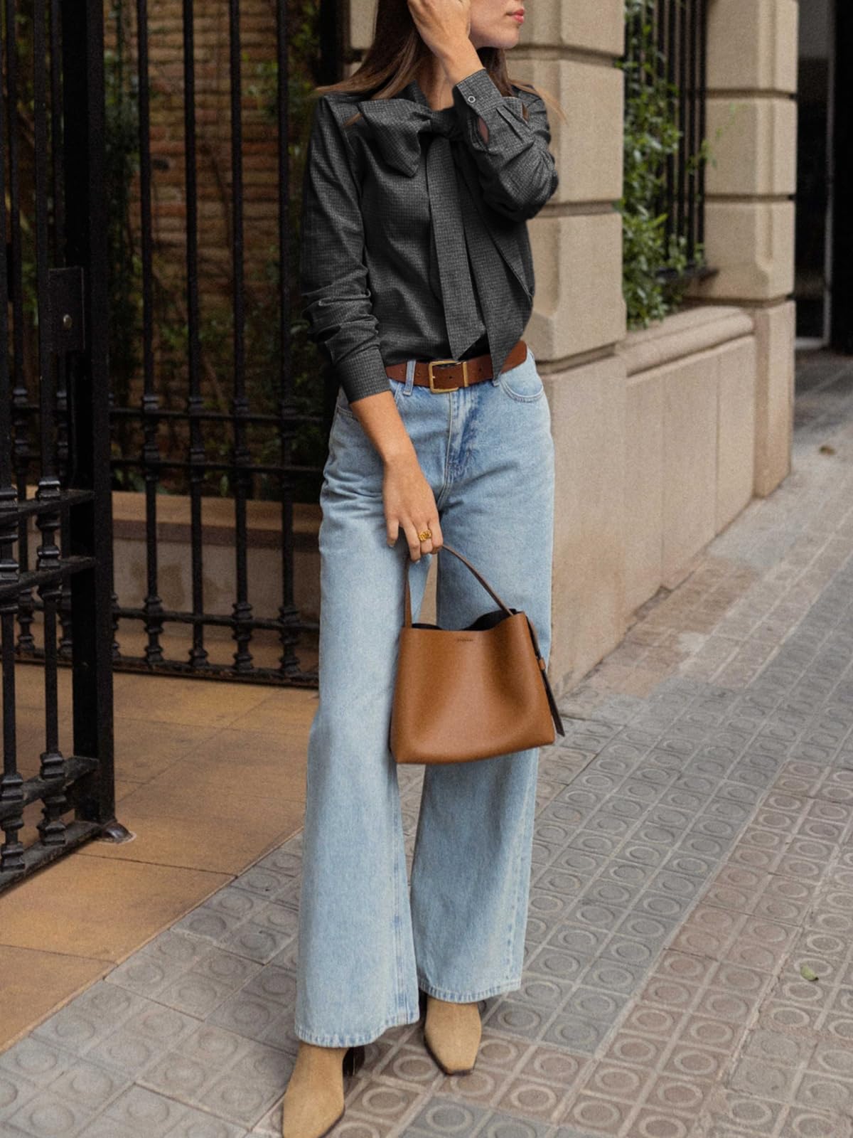 Cicy Bell Camicetta da donna a quadri con fiocco, collo con bottoni, a maniche lunghe, stile casual