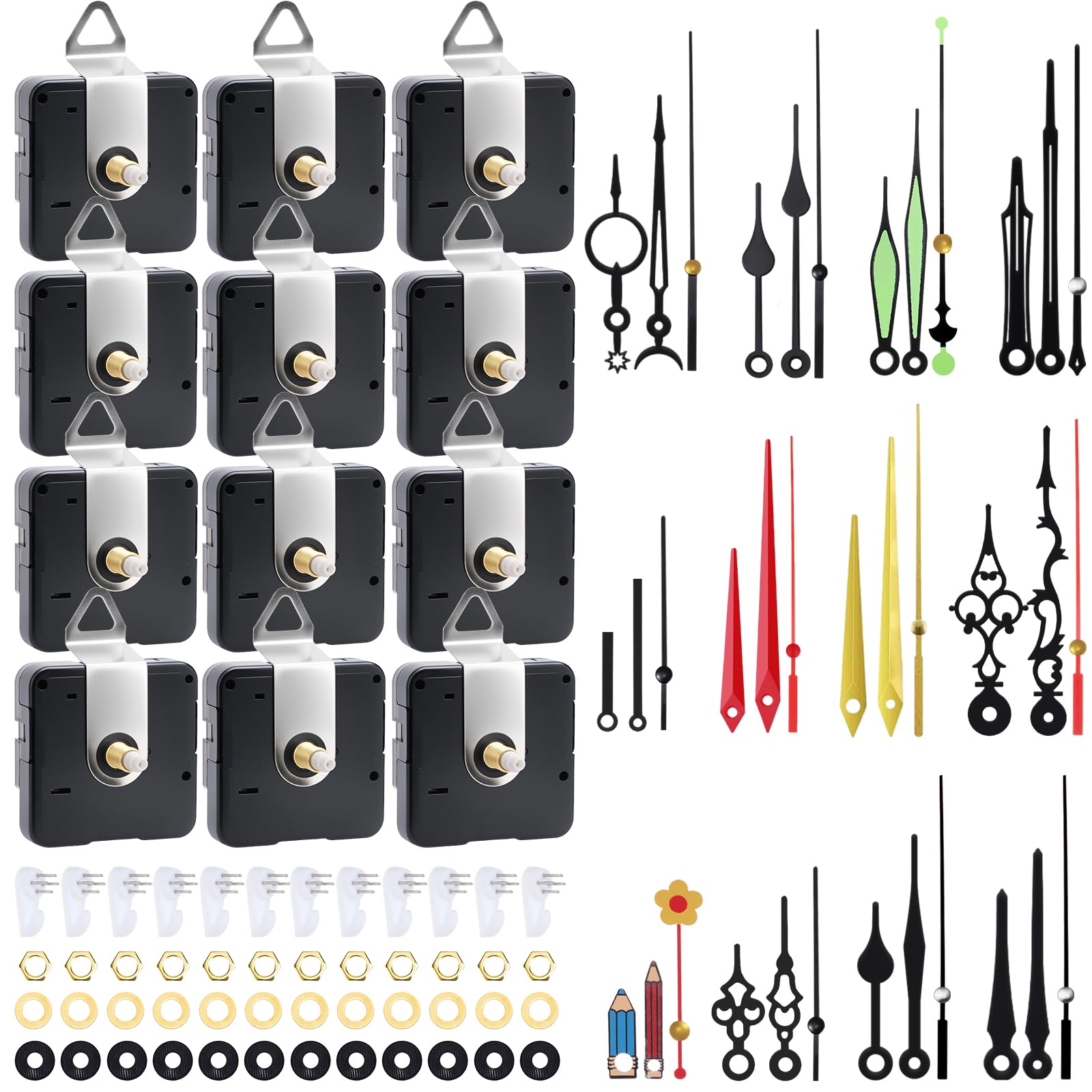 QUOTRE 12 Pcs Quartz Clock Mechanism Kit, Battery Powered Clock Mechanism with 12 Sets of Aluminum Clock Hands, Hooks & Adhesive Nails, Replacement Clock Mechanism for DIY Wall Clock Repair & Making