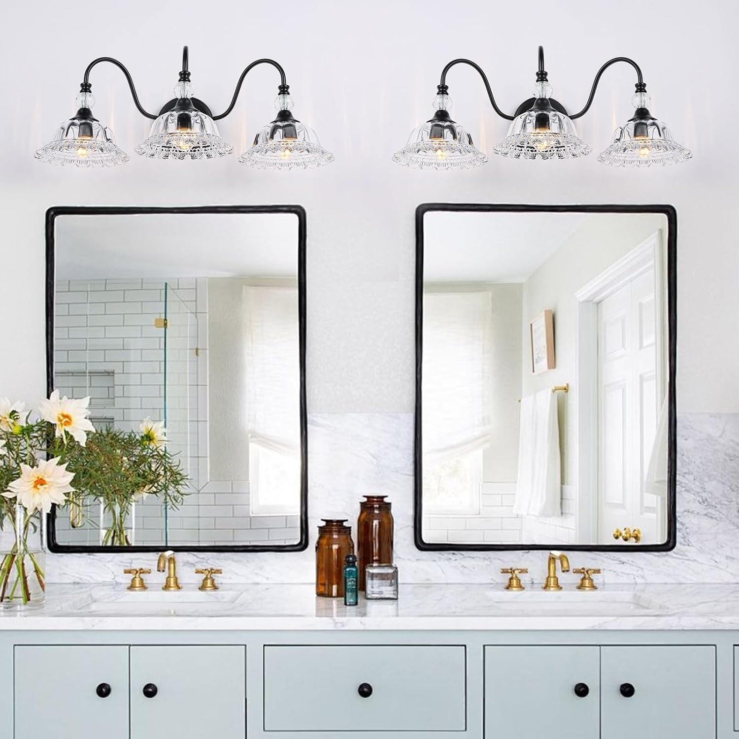 Vintage Bathroom Vanity Light Fixtures 3 Lights Matte Black Vanity Lights for Bathroom with Floral Crystal Glass Shades Wall Lighting Fixtures Over Mirror(Exclude E26 Bulb)