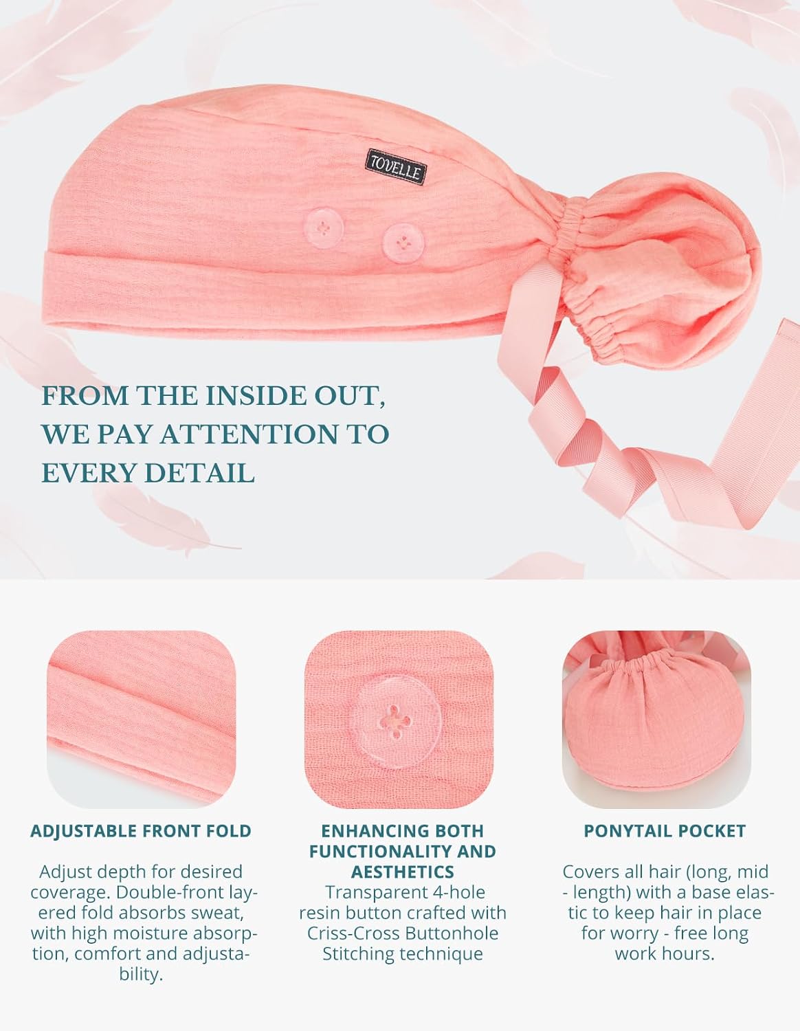 Ponytail Scrub Cap for Women – Solid Coral Pink Surgical Cap with Buttons, Cotton Ponytail Scrub Caps, Adjustable Surgical Hat for Women to Secure Long Hair