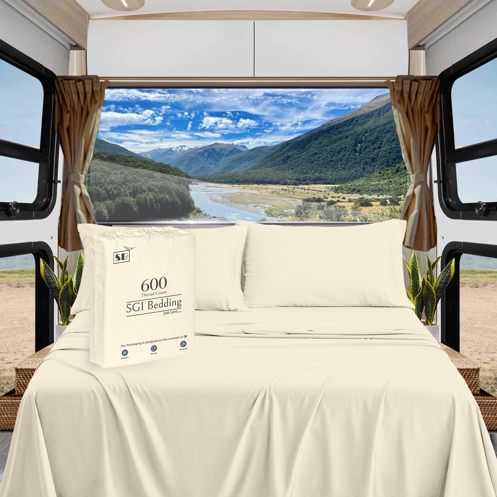 SGI bedding 600 Thread Count 4 Piece 100% Egyptian Cotton RV Sheets Set, 15" Deep Pocket Sheet Set, Premium, Breathable, Soft and Hotel-Quality Luxury Sheets - Ivory