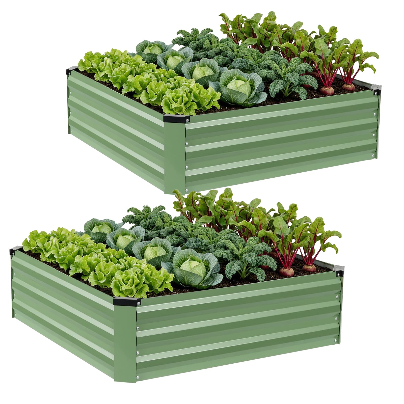 WILLOW WEAVE Set of 2 Raised Beds for Garden, Galvanized Steel Planters Outdoor for Growing Plants, Vegetables, Flowers and Herbs, 120x120x30cm, OliveGreen