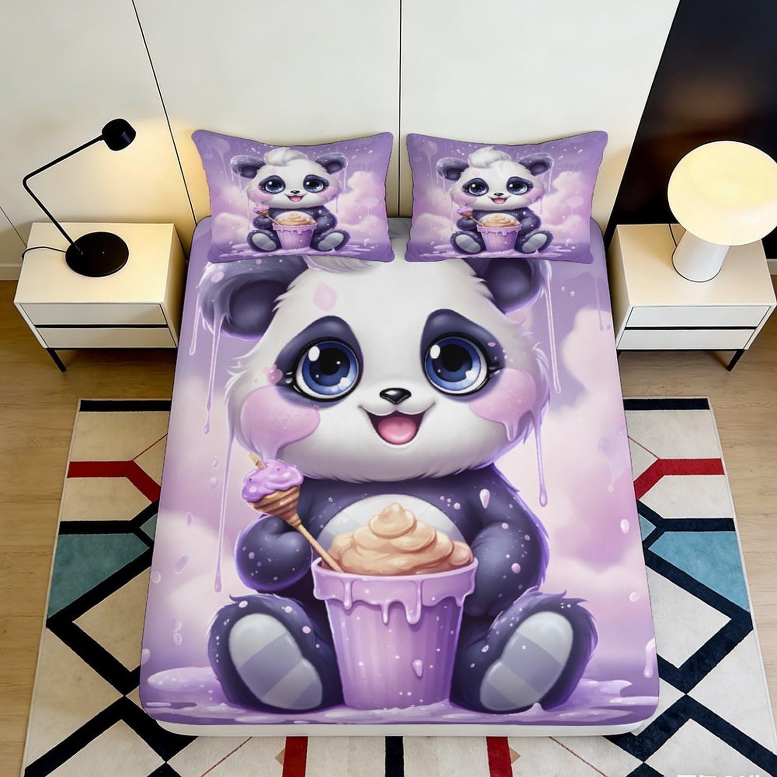 3D Printed Purple Panda Microfiber Fitted Sheet, soft-touch Bed Cover for apartment bedding, wrinkle resistant 90x200x25cm