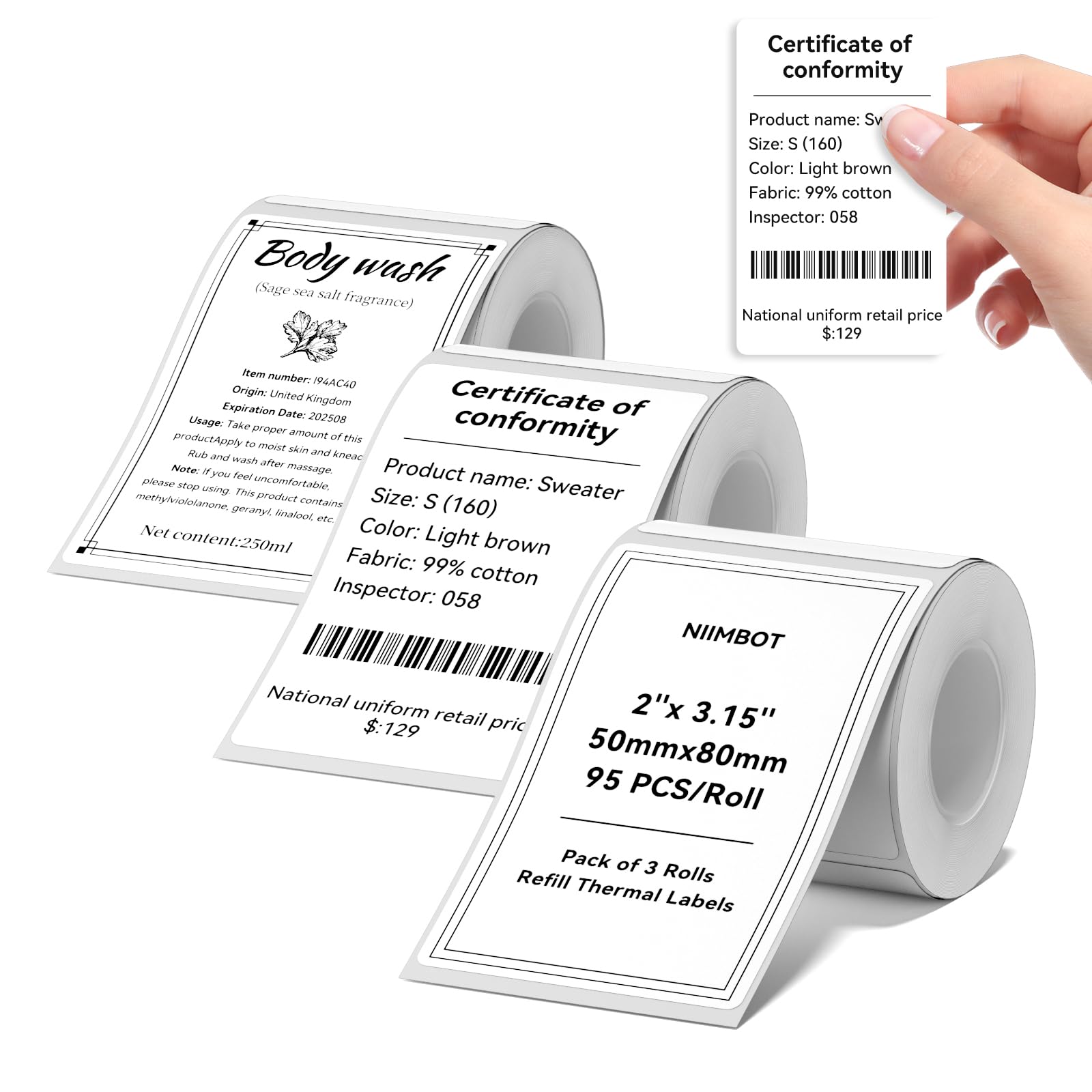 3 Rolls Labels for NIIMBOT B1 B21 B3S K3 Label Maker, 2'' x 3.15'' (50x80mm) Printer Labels, Food Labels for Jars, Personalized Editable Labels for