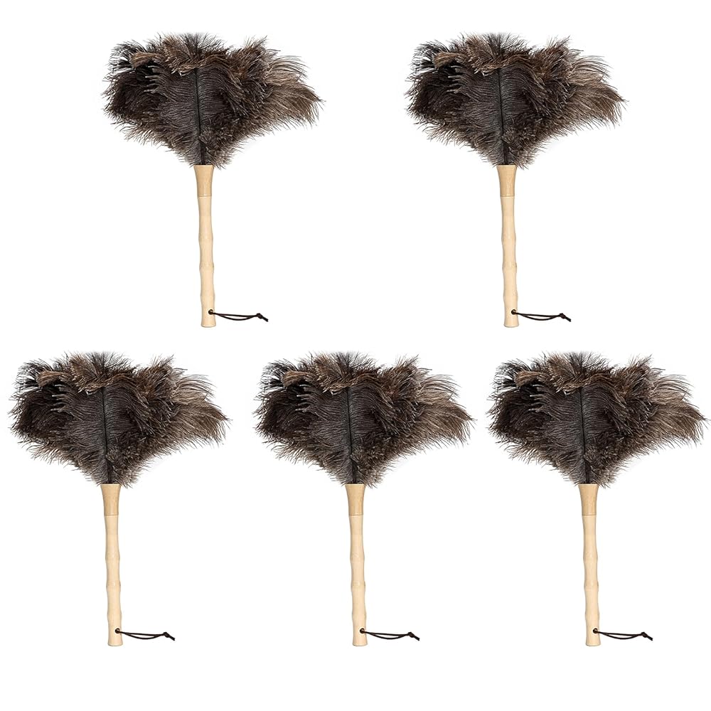 iHUFeather Ostrich Feather Duster 16 inch Fluffy Natural Genuine Ostrich Feathers with Wooden Handle and Eco-Friendly Reusable Handheld Ostrich Feather Duster for Cleaning Supplies(5PCS)