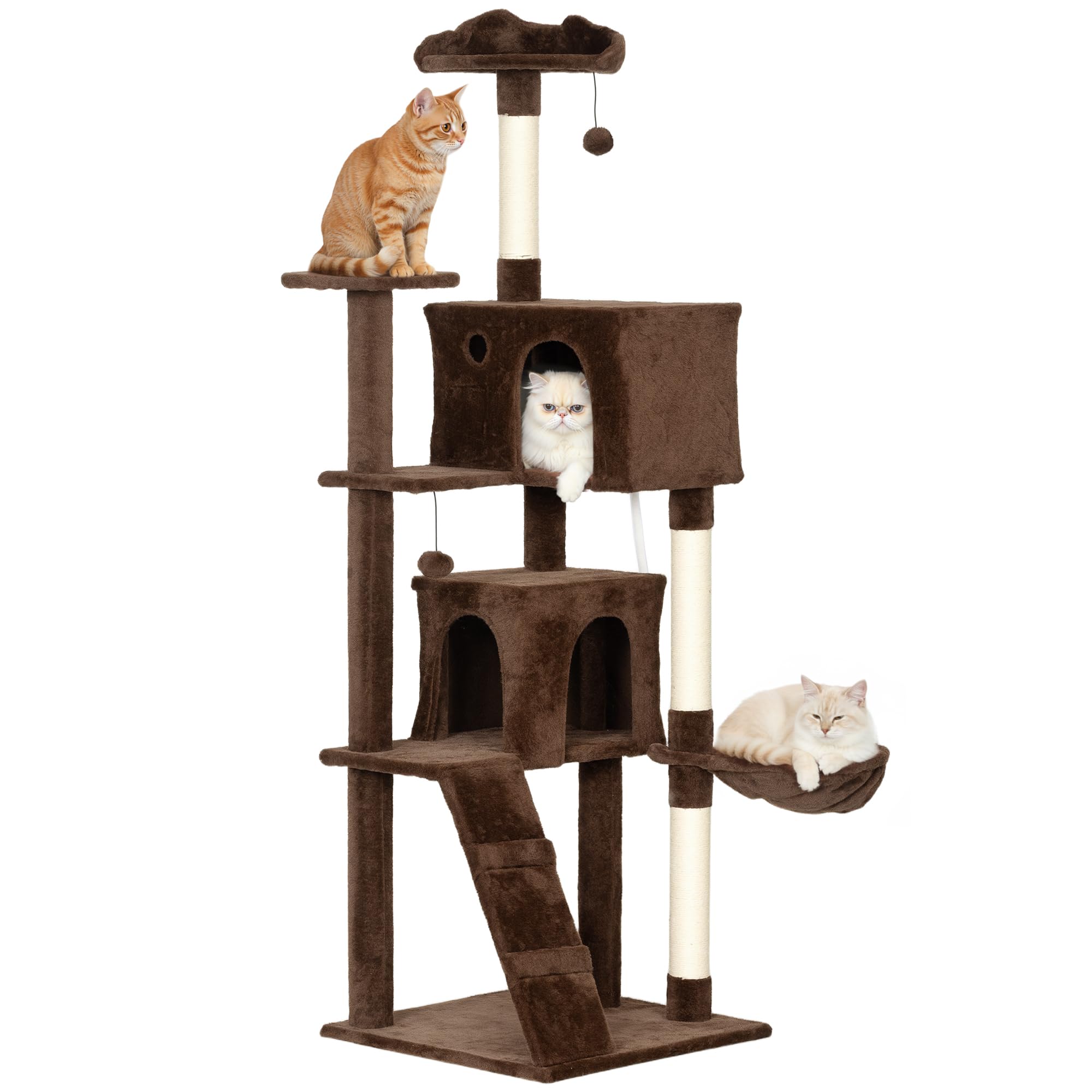 PawHut Arbre à Chat griffoir avec Tour d'escalade 180 cm Marron | Arbre à chat, plateformes multiples, lit, 2 grottes, hamac, échelle, poteaux en sisal, balles de jeu