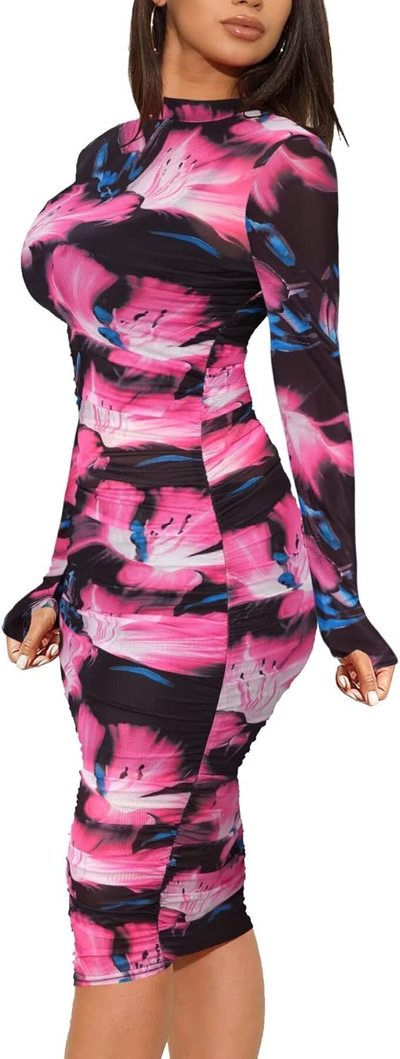 Women's 3 Piece Sexy Mesh Bodycon Dress Set - Long Sleeve Floral Ruched Sheer Midi Dress with Matching Cami and Shorts - Image 2