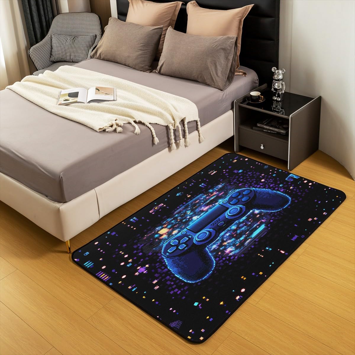 Loussiesd Dywan do salonu dla graczy, 100 x 150 cm, gamingowy dywan akcentujący dla chłopców, dziewcząt, nastolatków, nowoczesny kontroler konsoli do gier, mata podłogowa, joystick, czarno-niebieski,