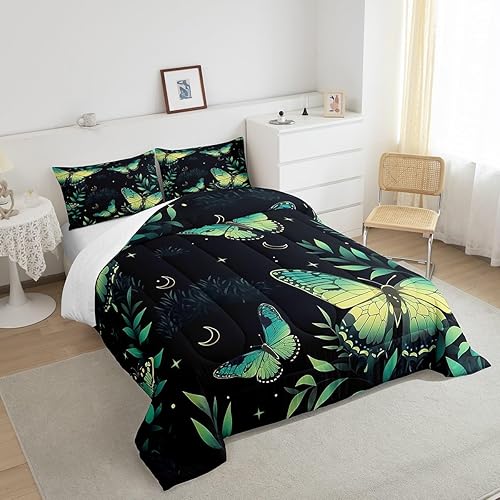 Miniatura 4 de Erosebridal Juego de edredón de polilla gótica tamaño Queen, edredón y juegos de ropa de cama con purpurina y estrellas y luna, edredón de hojas