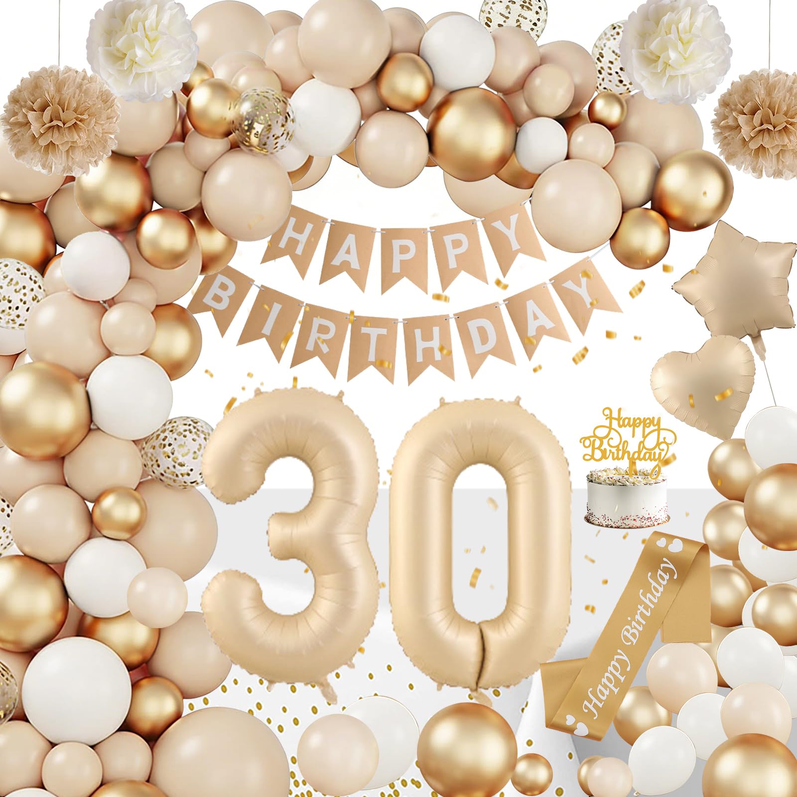 Globos 30 Cumpleaños Mujer, 30 Años Decoracion Cumpleaños, Decoracion 30 Cumpleaños Globes Beige con Pancarta Feliz Manteles para 30 Años Decoración de Fiesta de Cumpleaños Mujer