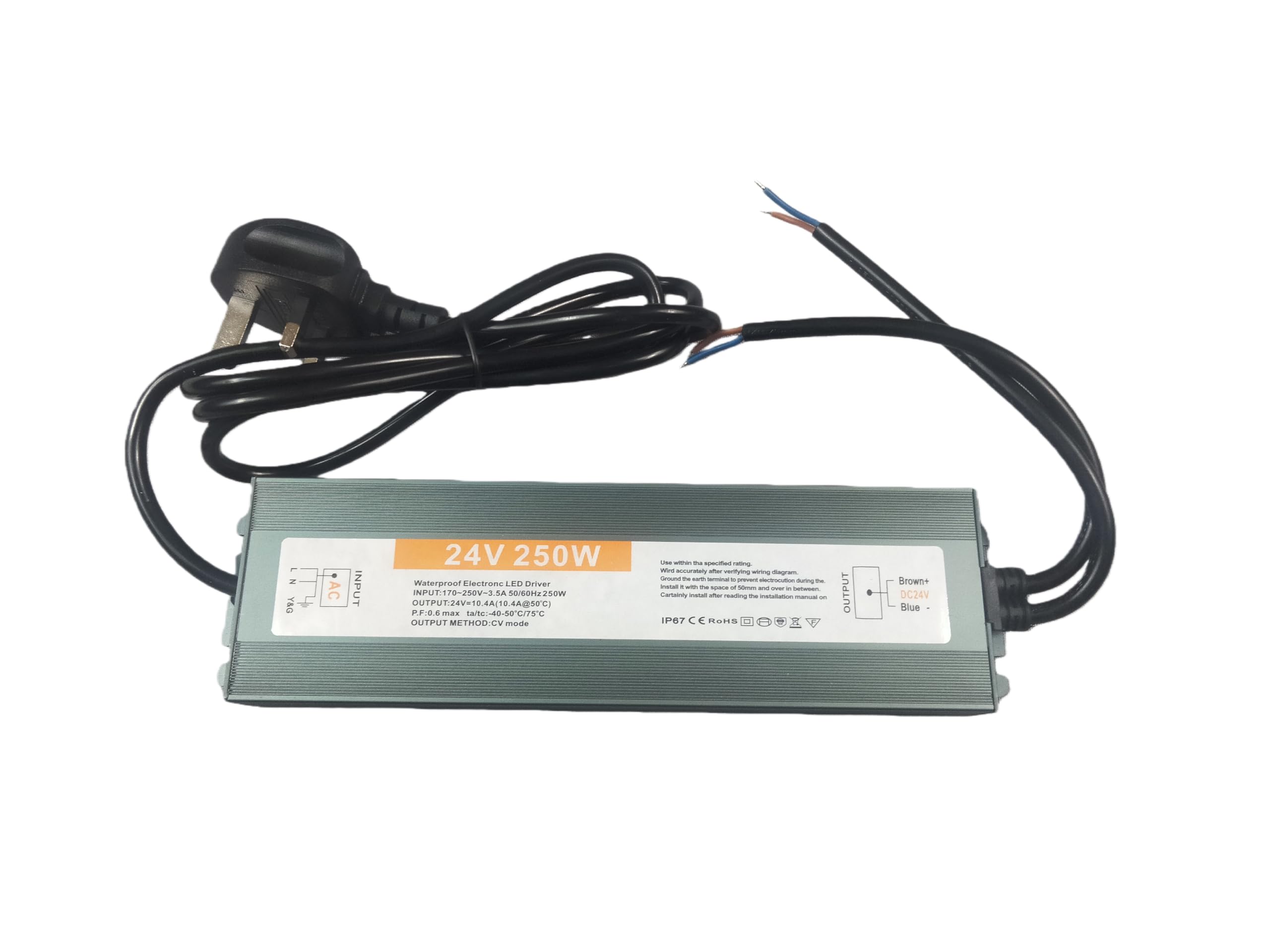 Power Supply 24VDC 250W IP67 Waterproof, Universal Input AC170-250VAC, With Standard Plug 130cm Length,24V DC Constant Voltage Output LED Transformer Driver for Outdoor LED Lights