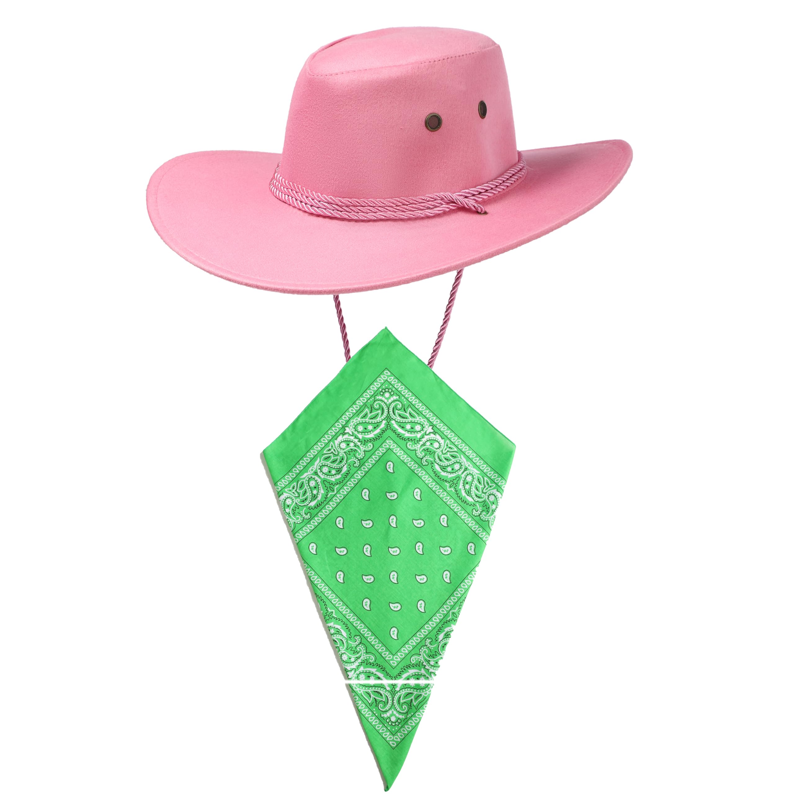 Komonee Pink Cowboy Hat and Green Bandana Western Sun Cap Faux Felt Leather Suede Fancy Dress Party Costume Outfit Neckscarf Sun Protection Mens Womens โ image 1