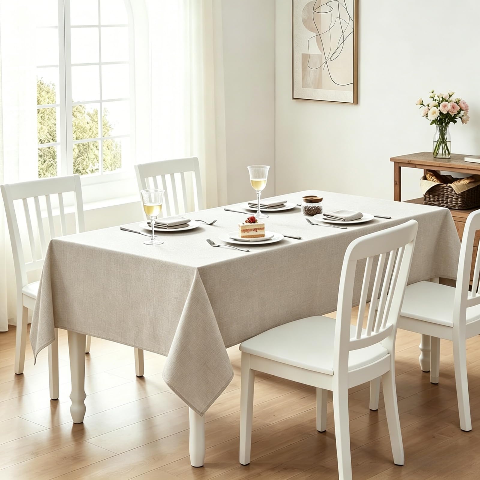 Tovaglia in Lino 140 x 190 cm Rettangolare Impermeabile Tovaglia Lavabile, Impermeabile per Occasioni Natale da Tavola Giardino Esterno, bianco
