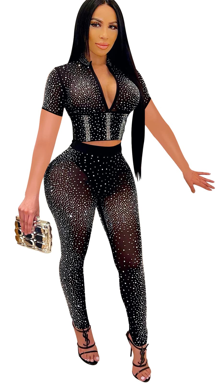 Womens Sexy 2 Pieces Mesh Rhinestone Crop Tops Shi | MAC.BID