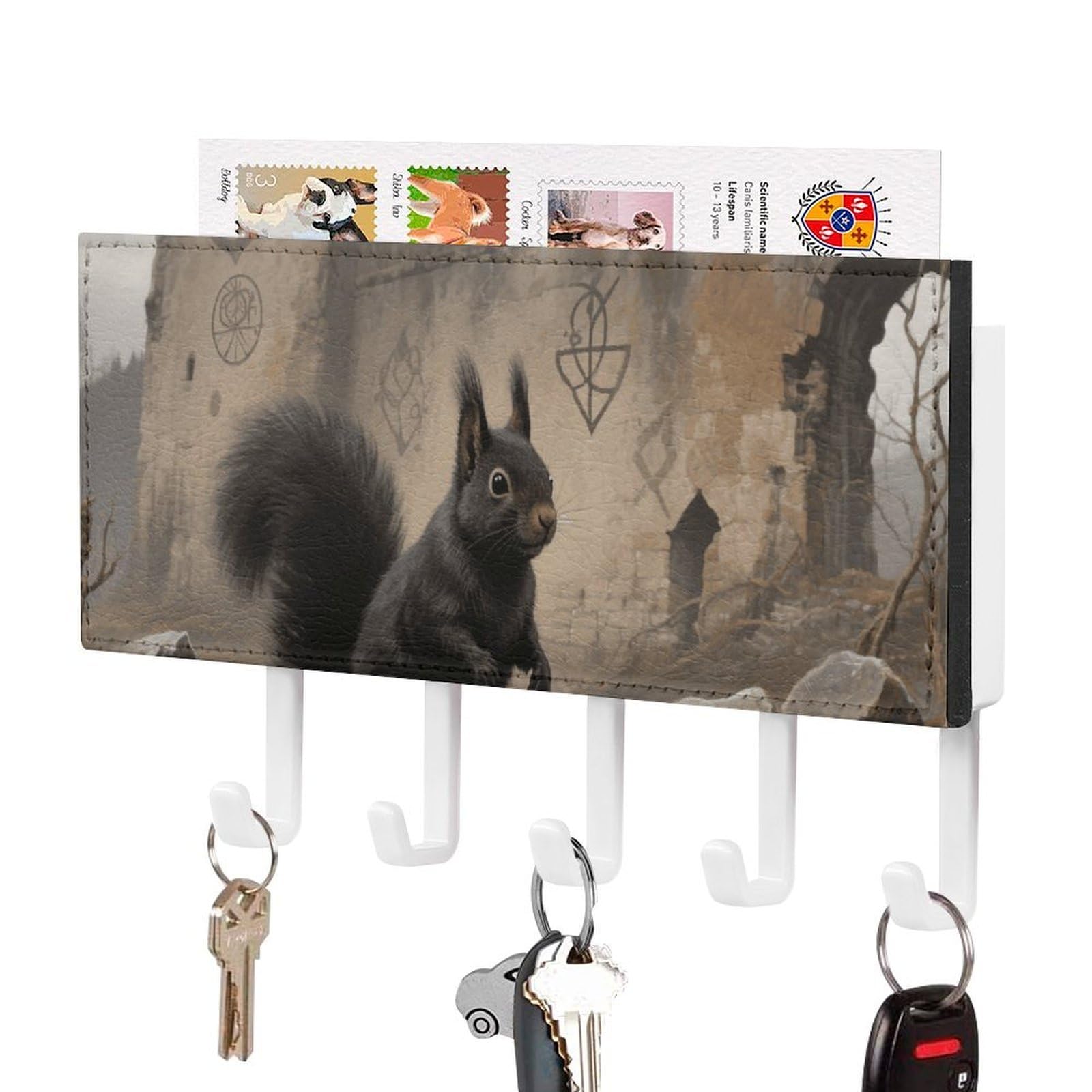 DWVTSLH Squirrel Key Holder for Wall, Decorative Key Hooks with Mail Organizer & 5 Hooks, Self Adhesive Leather Key Hanger for Entryway, Wall Mounted Key Rack (7.1” X 4.3” X 0.9”)