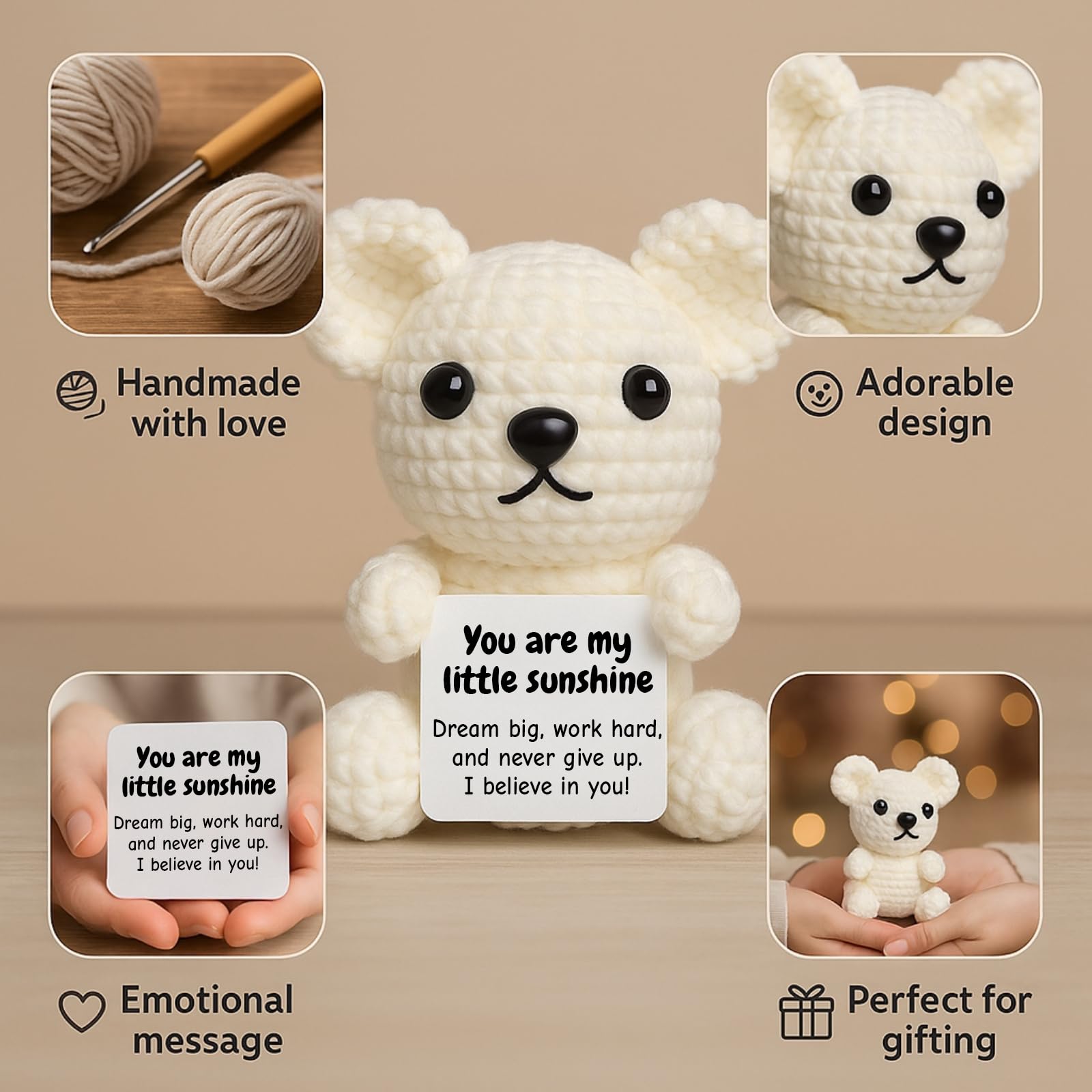 DEYBA Handmade Crochet Bear with Inspirational Message Card – Warmth Series – Thoughtful Encouragement for Friends, Kids & Loved Ones, Perfect for Holidays or Special Occasions