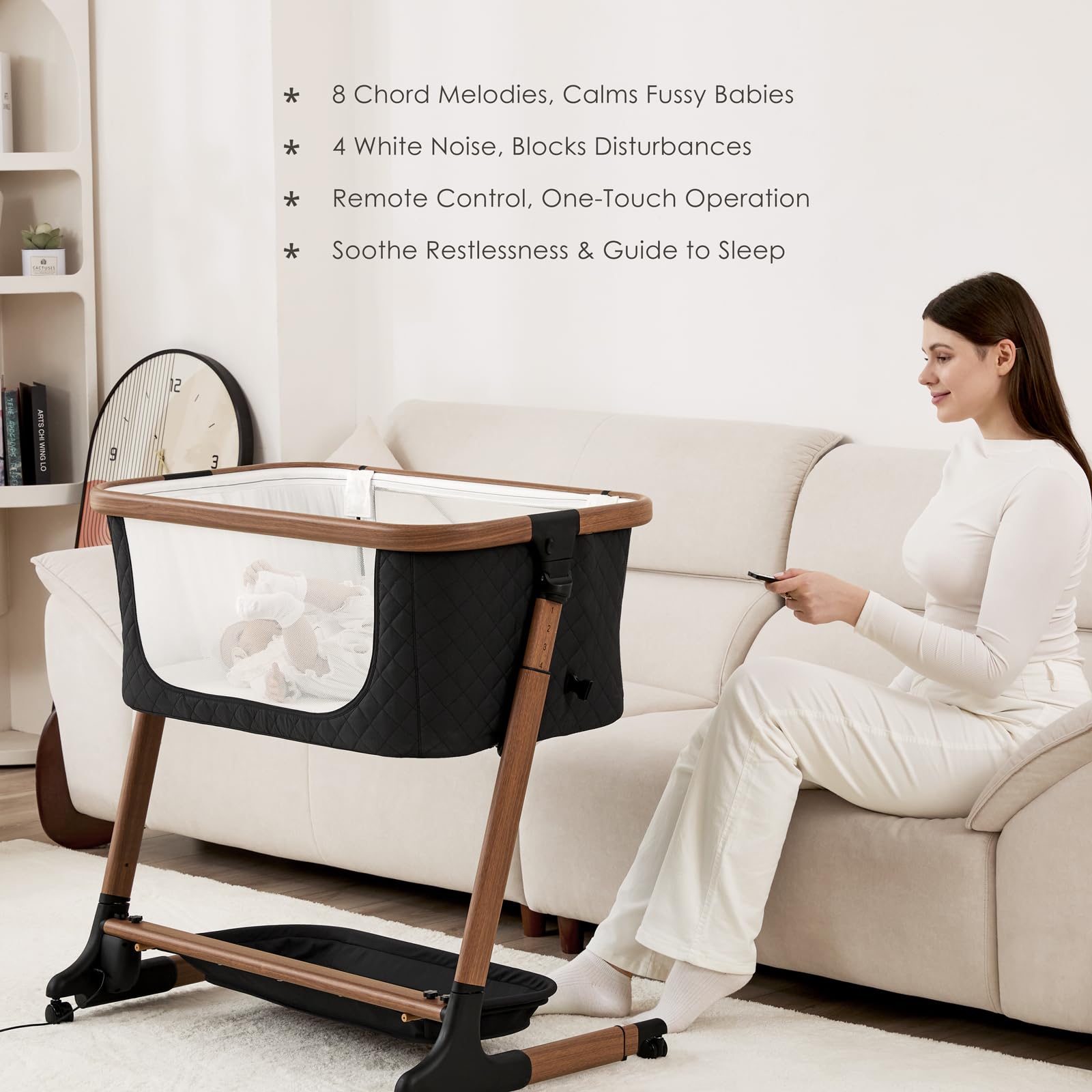 ANGELBLISS Electric Baby Bassinet Bedside Sleeper with Auto Rocking, Remote/Touch Control, 3 Timer Modes, 12 Sounds, 6 Heights, Storage & Wheels (Black) | Breathable Mesh — view 4