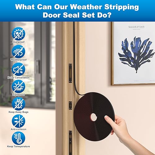 Miniatura 6 de Burlete de sellado de puerta de 20 pies, con tapón de puerta (39 pulgadas de largo), bloqueador de respaldo autoadhesivo, ruido, polvo, aire frío,