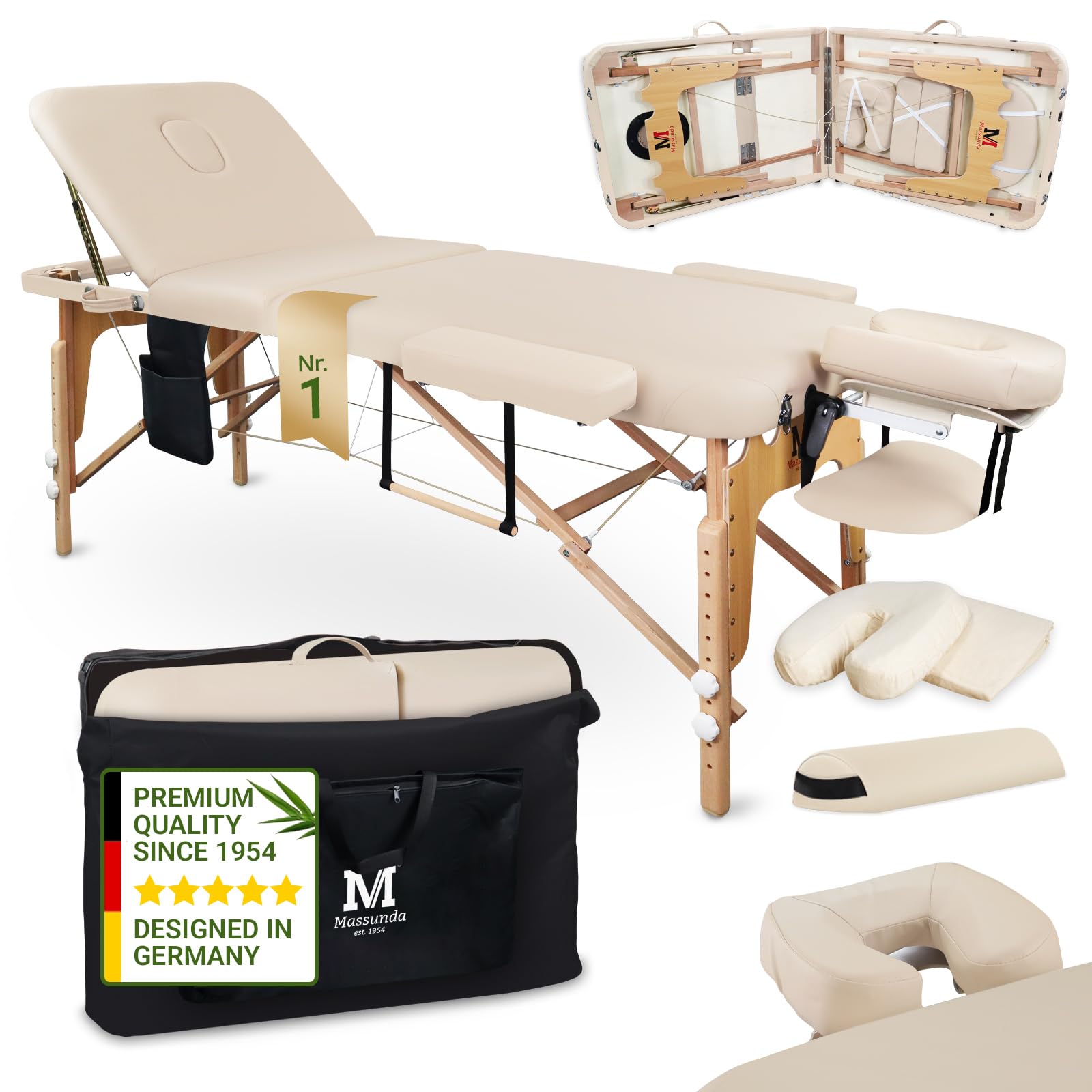 MASSUNDA All - Tumbona de Masaje Plegable y de Altura Regulable de Madera Maciza, Mesa de cosméticos móvil con Funda de Rizo, reposabrazos y Respaldo, cojín Cervical, reposacabezas ergonómico