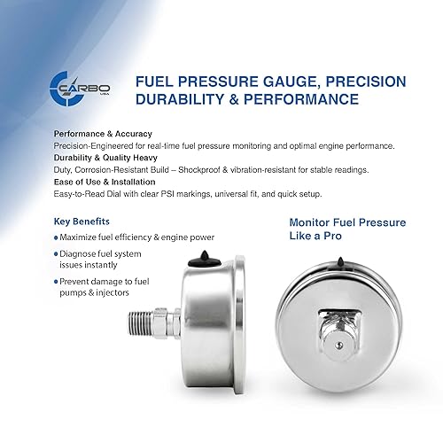 Miniatura 10 de CARBO Instruments Manómetro de presión de combustible de 1-12", Caja de acero inoxidable 304, Conexión de latón cromado, relleno de glicerina, 0-15