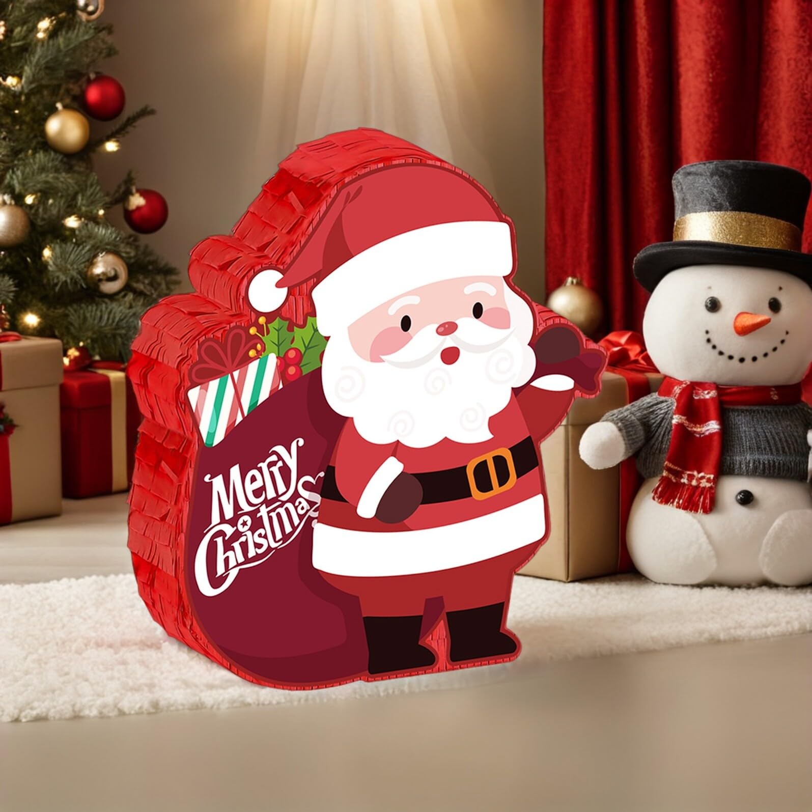 Housoutil Weihnachtspiñata 37cm Großzügig Rote Befüllbare Weihnachtsmann Piñata mit Stiel und Augenbinde Partyzubehör für Familienfeiern und Weihnachtsfeste